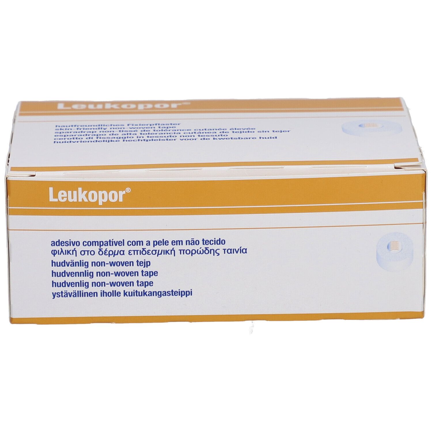 Emballage Leukopor. Inscription: adesivo compatível com a pele em não tecido, hudvänlig non-woven tape.