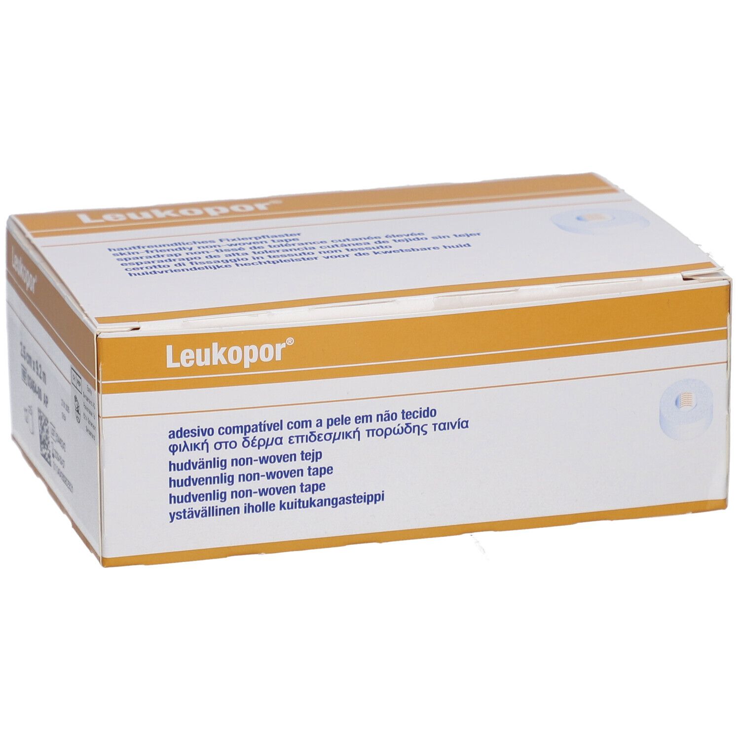 Emballage Leukopor. Inscription: adesivo compatível com a pele em não tecido, hudvänlig non-woven tape.