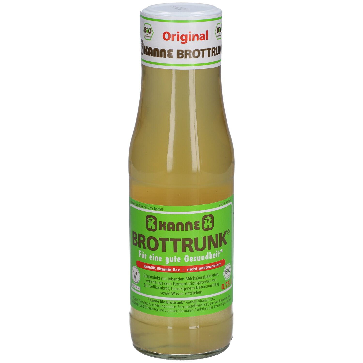 Glasflasche mit gelblicher Flüssigkeit. Aufschrift: KANNE BROTTRUNK, Original, Bio-Siegel.