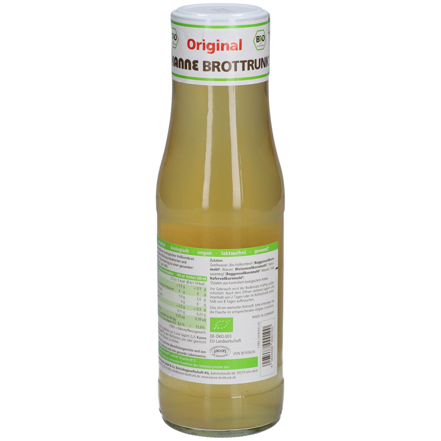 Rückseite der Glasflasche mit gelblicher Flüssigkeit. Aufschrift: KANNE BROTTRUNK, Nährwertangaben, Bio-Siegel.