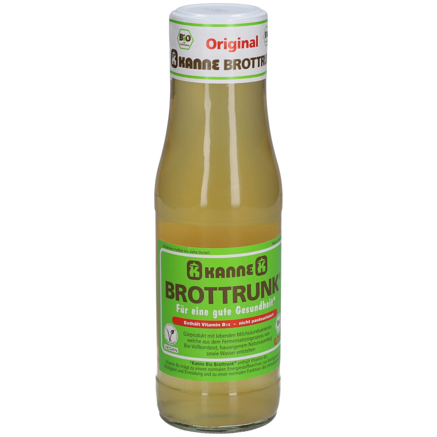 Glasflasche mit gelblicher Flüssigkeit. Aufschrift: KANNE BROTTRUNK, Bio-Siegel, Vegan-Siegel.