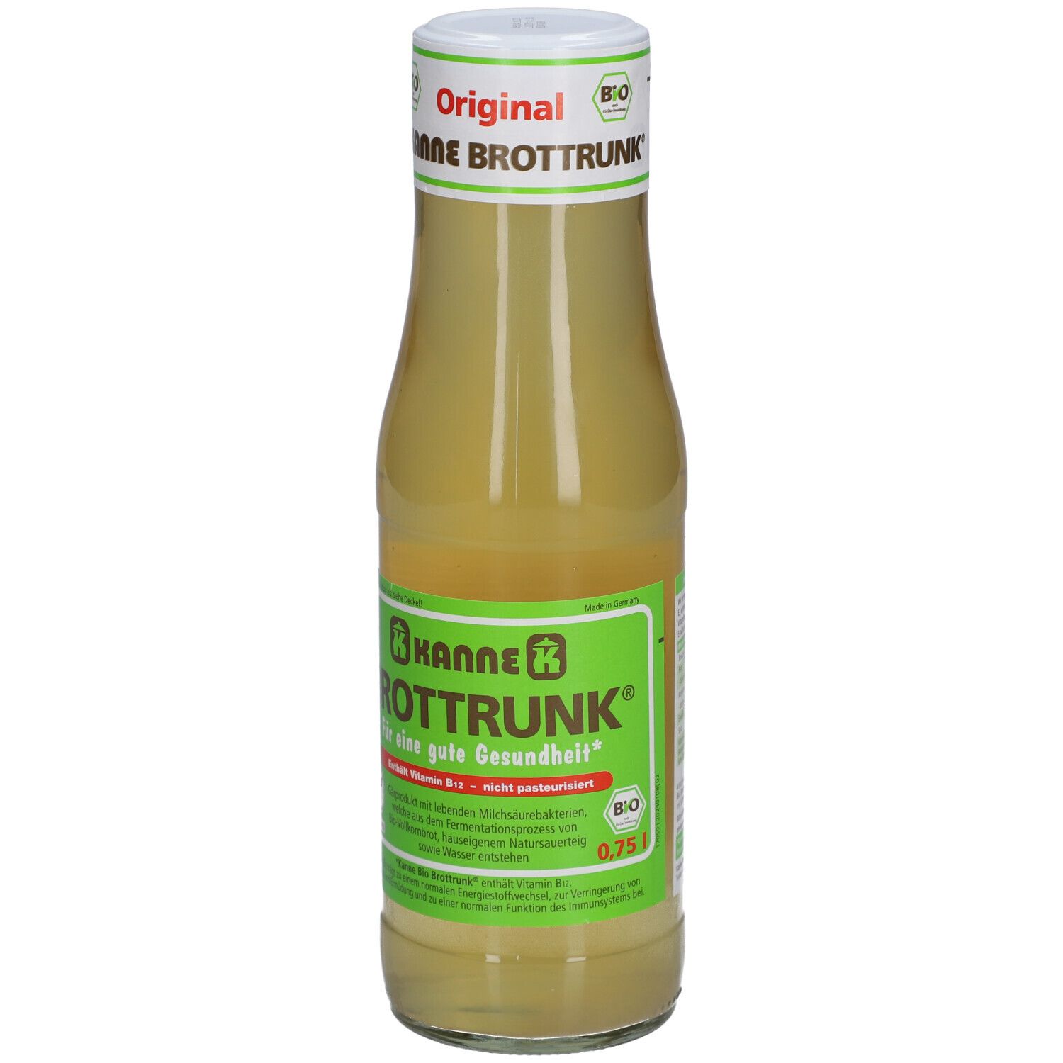 Glasflasche mit gelblicher Flüssigkeit. Aufschrift: KANNE BROTTRUNK, 0,75 l, Bio-Siegel.