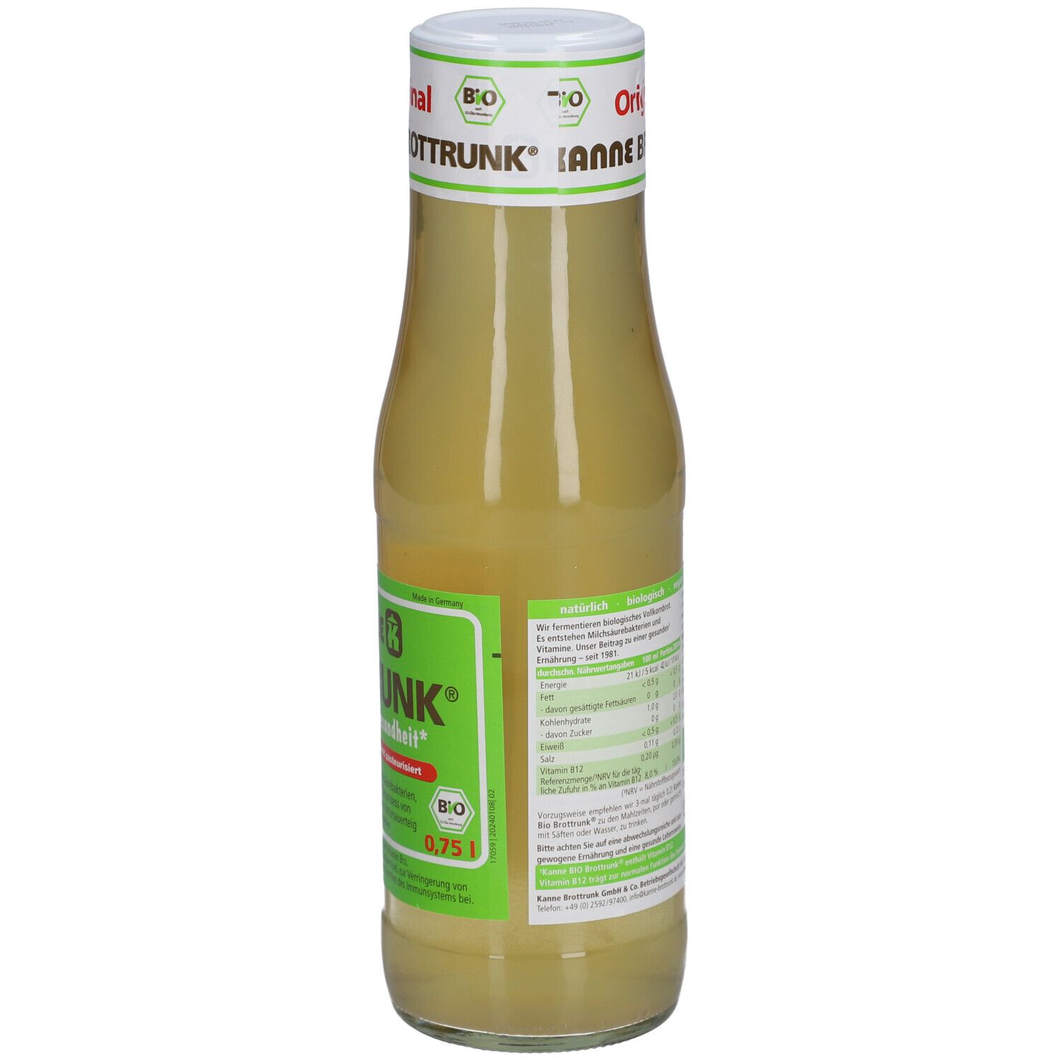 Rückseite der Glasflasche mit gelblicher Flüssigkeit. Aufschrift: KANNE BROTTRUNK, 0,75 l, Nährwertangaben, Bio-Siegel.