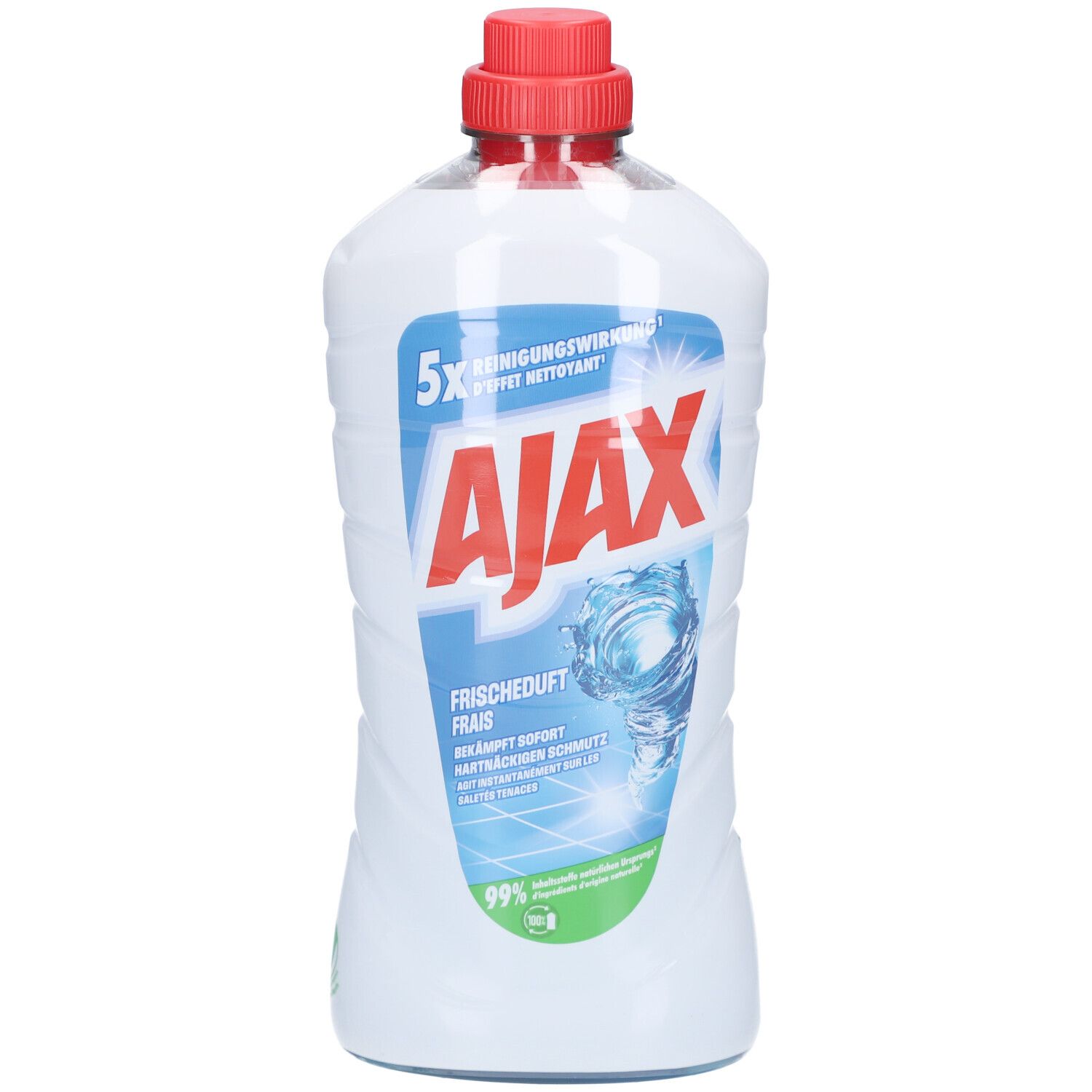 Reinigerflasche mit rotem Deckel. Aufschrift AJAX, Frischeduft. Blaue und weiße Etikettierung. 5x Reinigunswirkung.