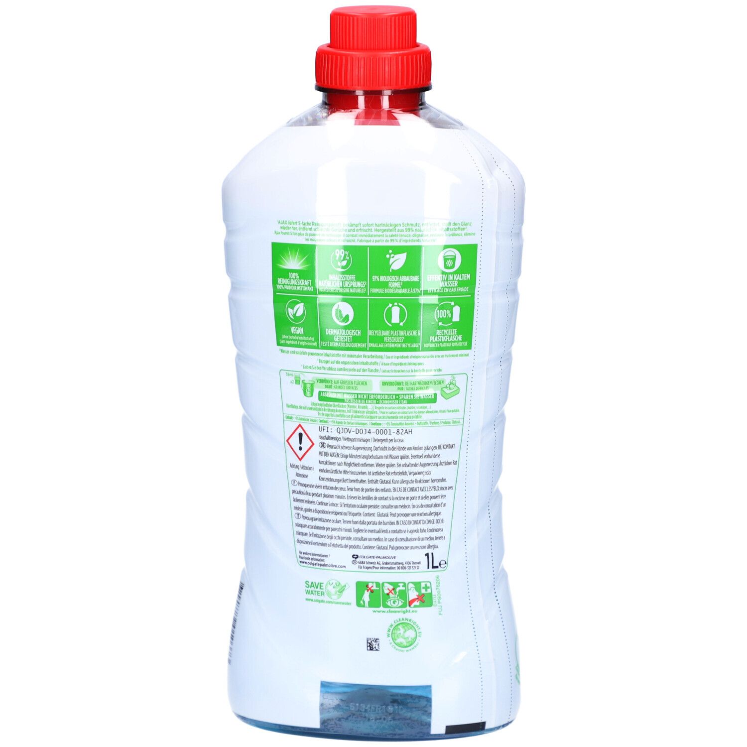 Rückseite einer Reinigerflasche. Weiße Flasche mit rotem Deckel. Mehrere grüne Symbole und Text. 1L-Angabe.