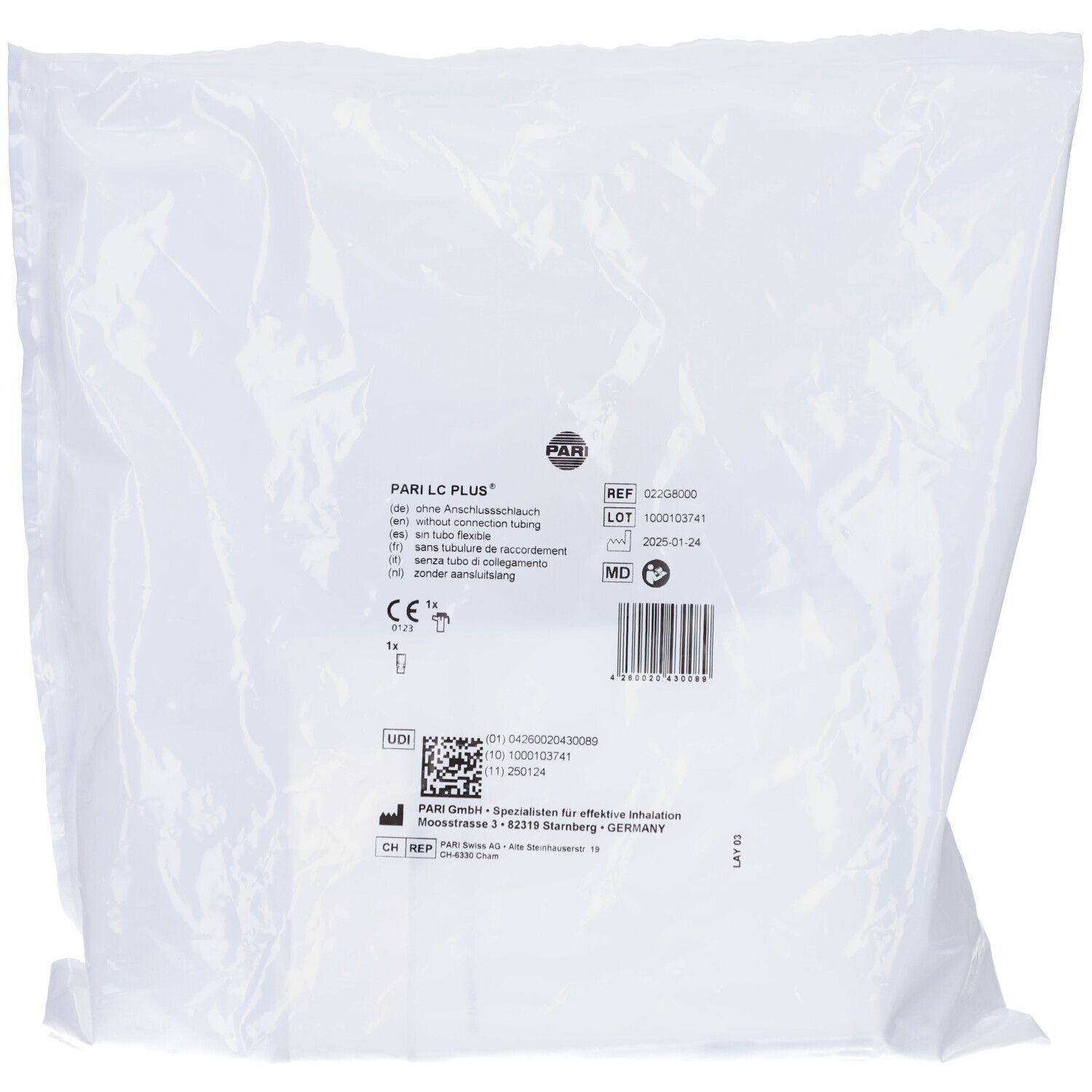 Vernebler in transparenter Verpackung. Produktname: PARI LC PLUS. Text: ohne Anschluss-schlauch. Mit CE-Kennzeichnung und Barcode.