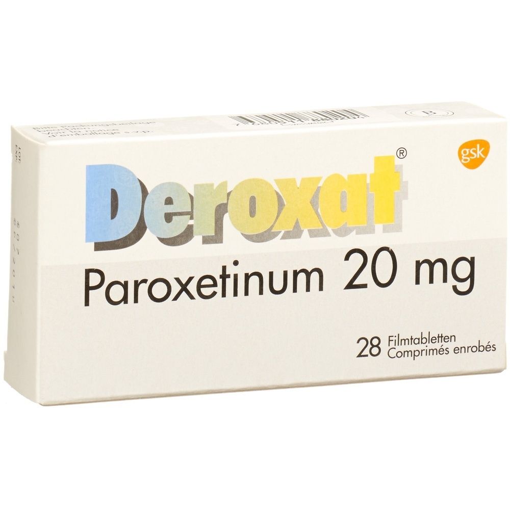 Schachtel mit "Deroxat" und "Paroxetinum 20 mg". Enthält 28 Filmtabletten. GSK-Logo rechts oben.