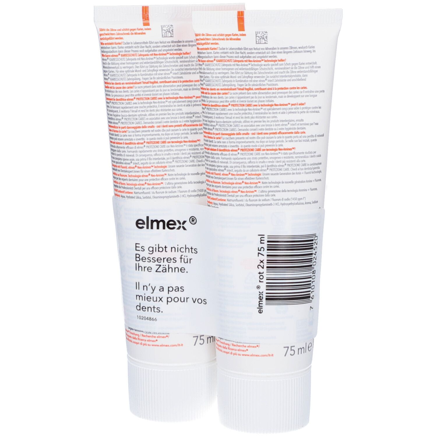 Deux tubes de dentifrice. Dos avec texte et code-barres. Inscriptions "elmex" et "rot 2x75 ml".
