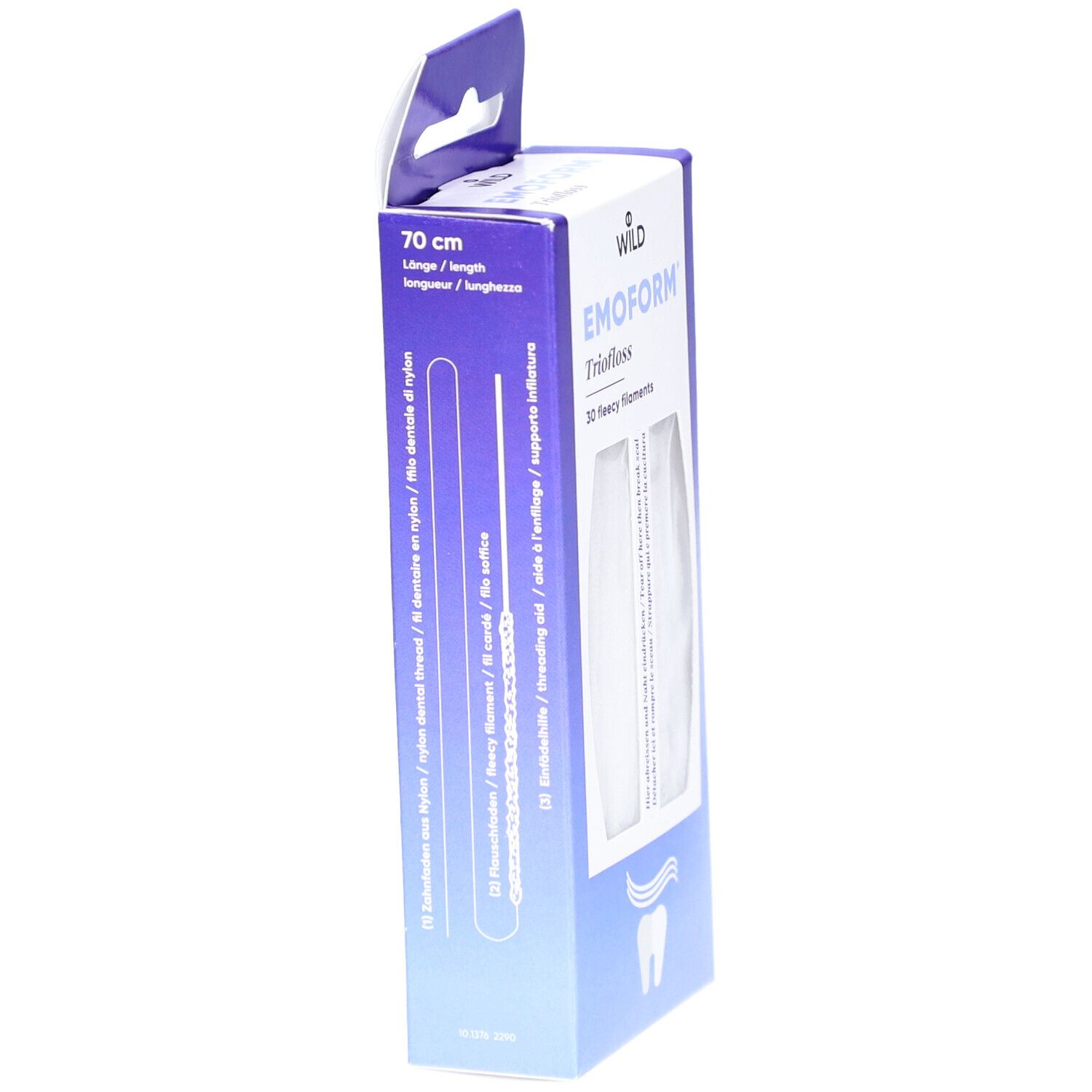 Verpackung von EMOFORM Triofloss. Seite mit Produktinformationen. 70 cm Länge. Illustrationen von Fäden.