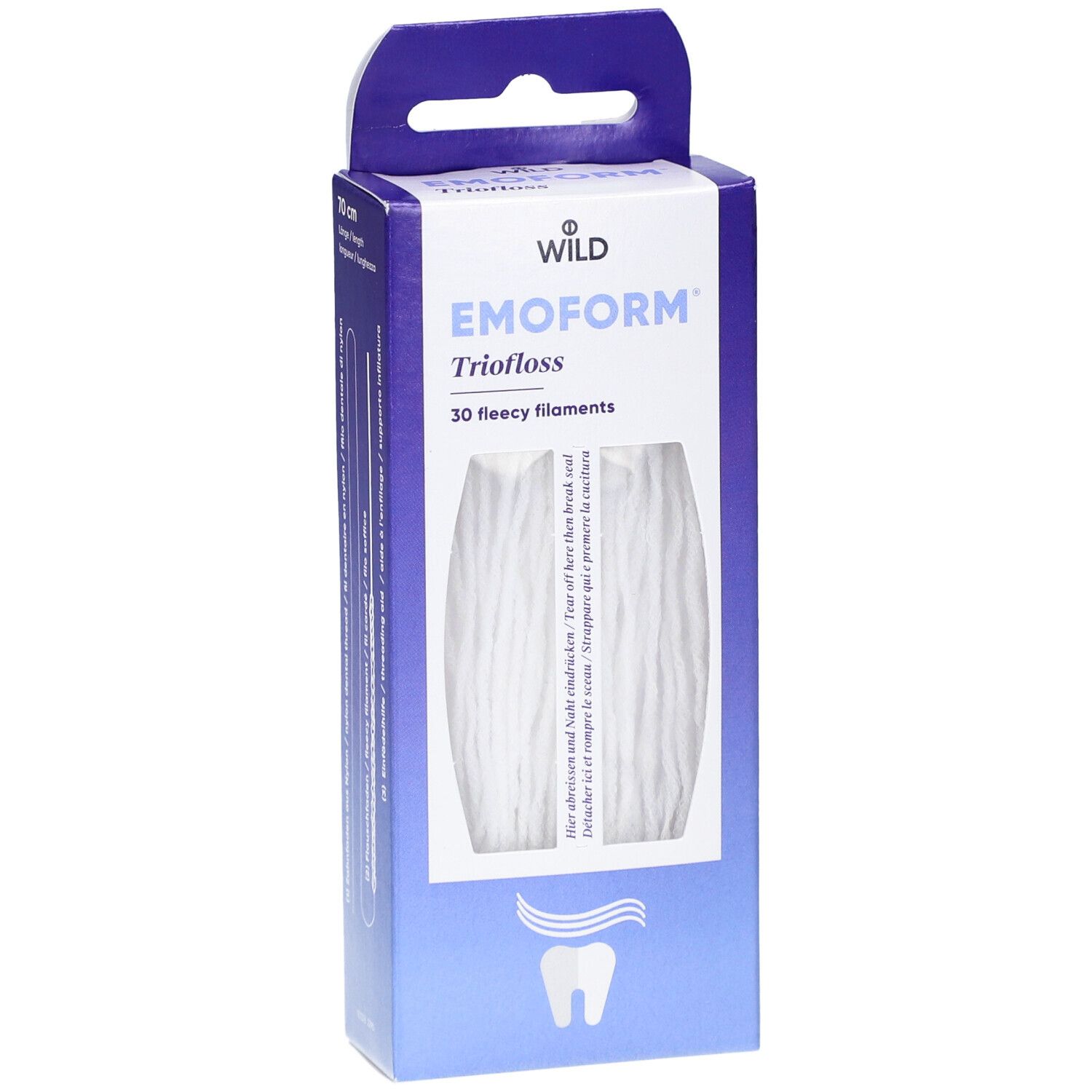 Vorderseite der EMOFORM Triofloss Verpackung. Produktname, 30 Vlies-Filamente. Blau-weiße Schachtel.