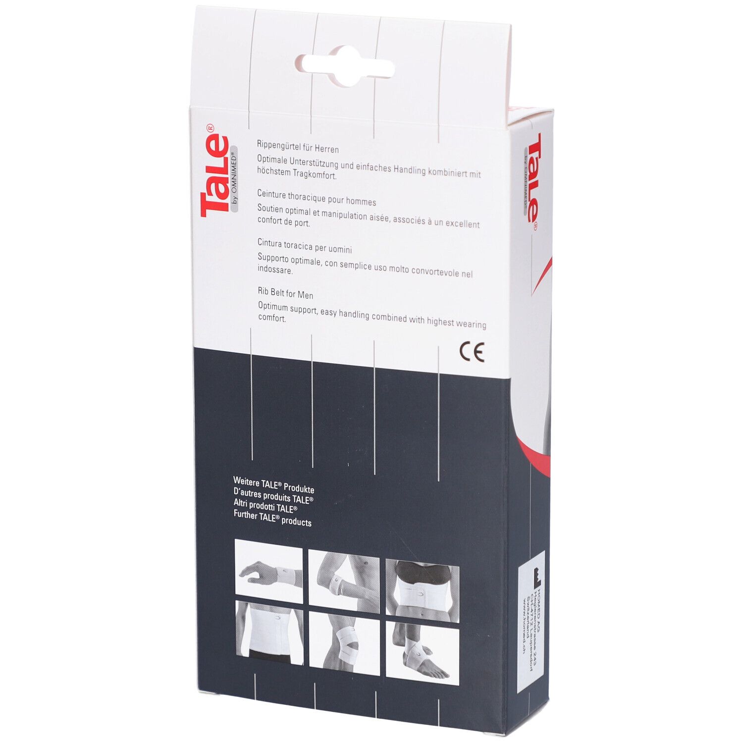 Dos de l'emballage avec ceinture thoracique. Texte : Optimum support, easy handling combined with highest wearing comfort. Marque CE.