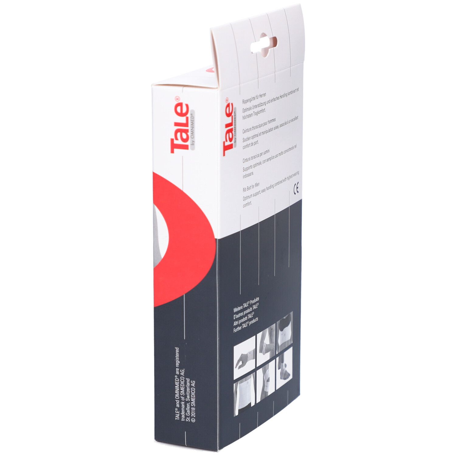 Vue latérale oblique de l'emballage avec ceinture thoracique. Inscription : Tale, autres produits. Marque CE.