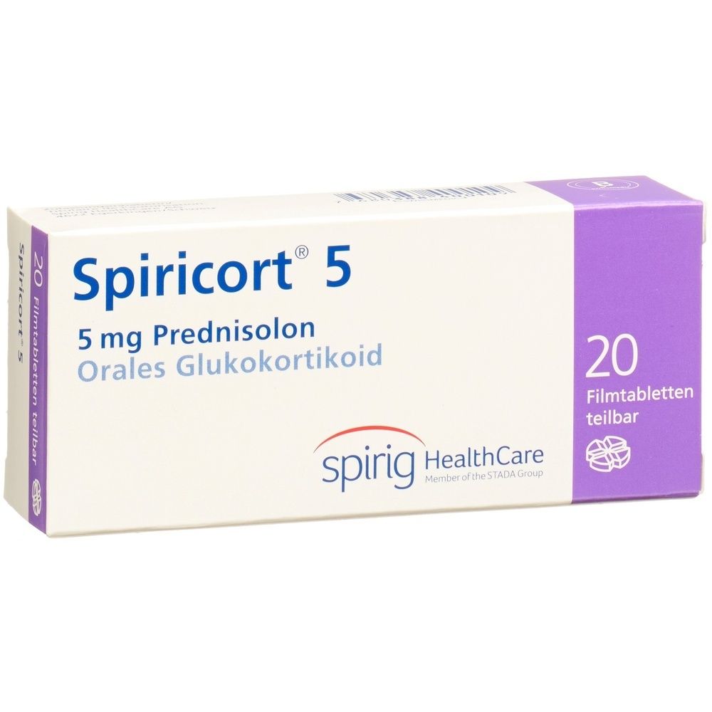 Kartonverpackung von SPIRICORT Filmtabl 5 mg. Weißer Karton mit lila Akzenten und Produktbezeichnung.