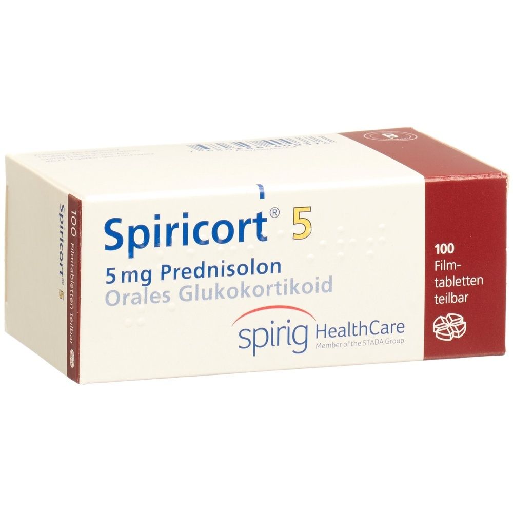 Karton mit Produktbezeichnung SPIRICORT 5. Aufschrift: Filmtabl, 5 mg. Roter Streifen am rechten Rand. Verpackung.