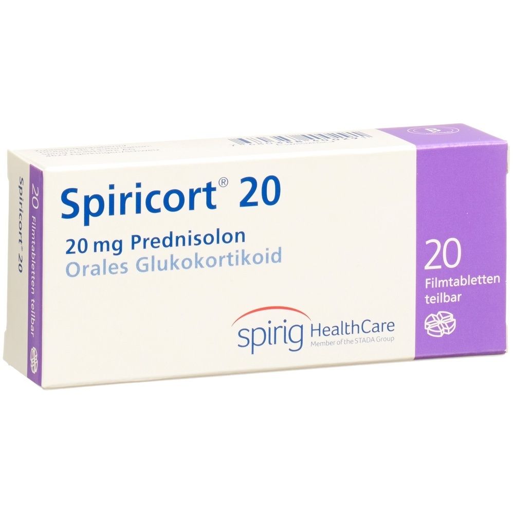 Karton SPIRICORT 20 Filmtabl. mit lila Akzent. Aufschrift: SPIRICORT 20 mg. Packung mit 20 Tabletten.