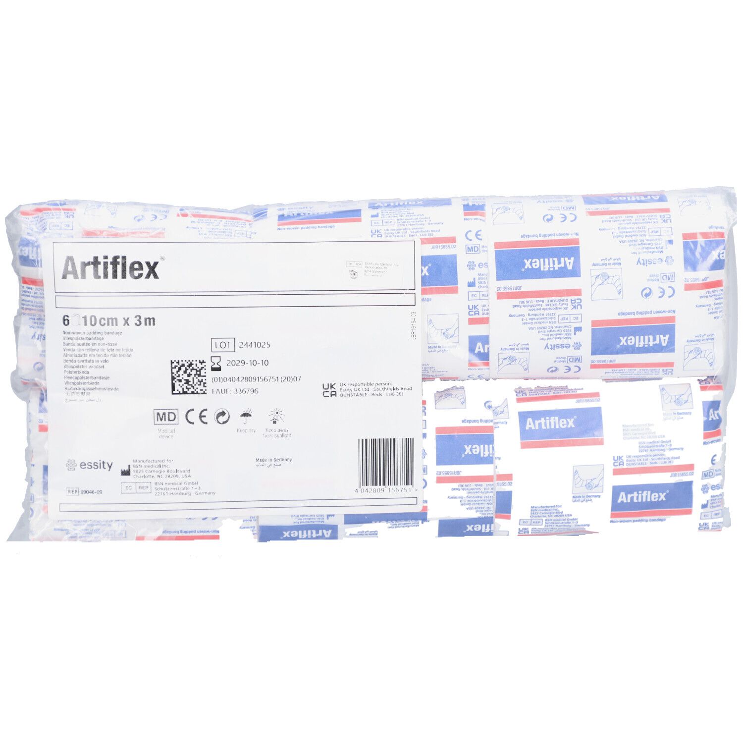 Artiflex Polsterbinden-Packung. 6 Stück, 10cm x 3m. Weiße Binden in transparentem Beutel. Aufdruck mit Produktname und Details.