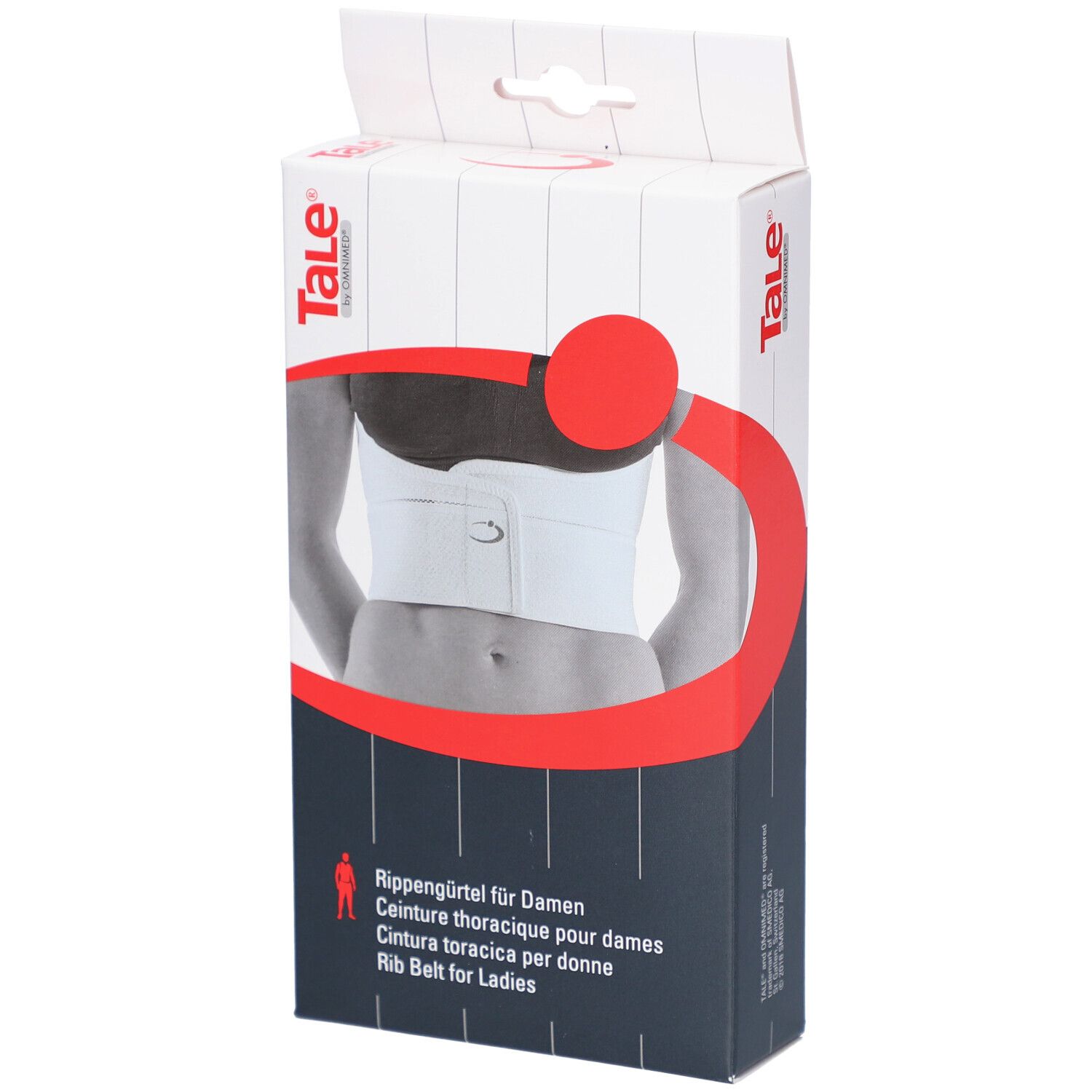 Verpackung, zeigt Rippengürtel für Damen. Marke Tale. Aufdruck: Rib Belt for Ladies. Weiß und rot.