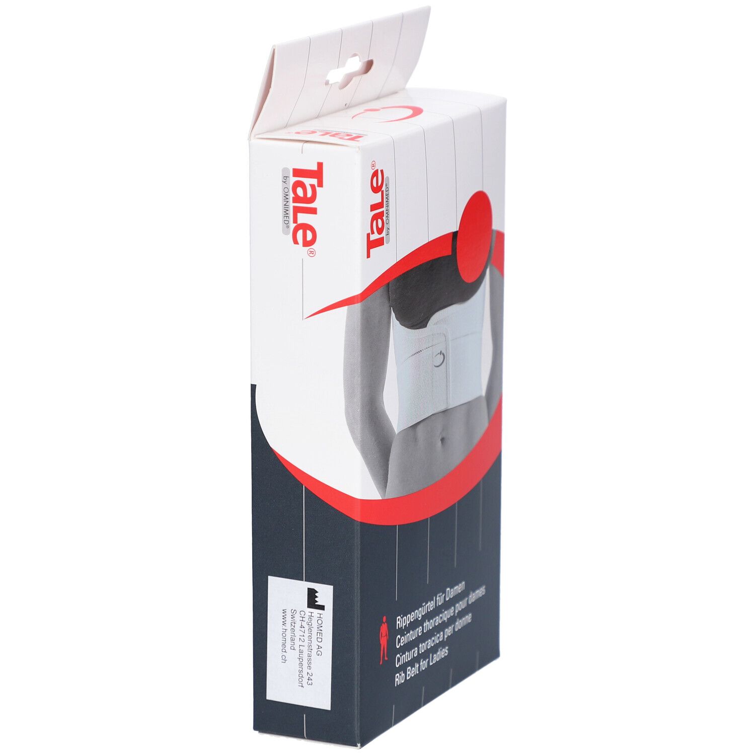 Seitenansicht der Verpackung. Marke Tale. Text: Rib Belt for Ladies. Weiß und rot. Logo CE.