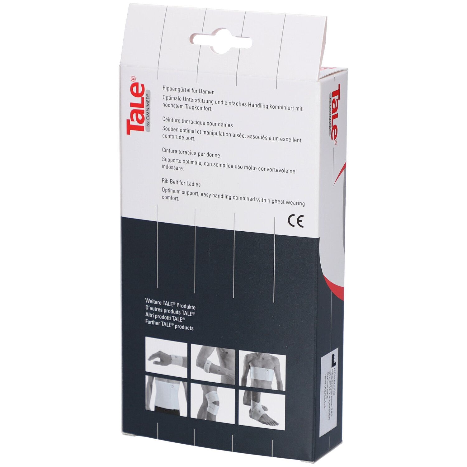 Rückseite der Verpackung. Text: Rippengürtel für Damen. Marke Tale. Logo CE. Produktabbildungen.