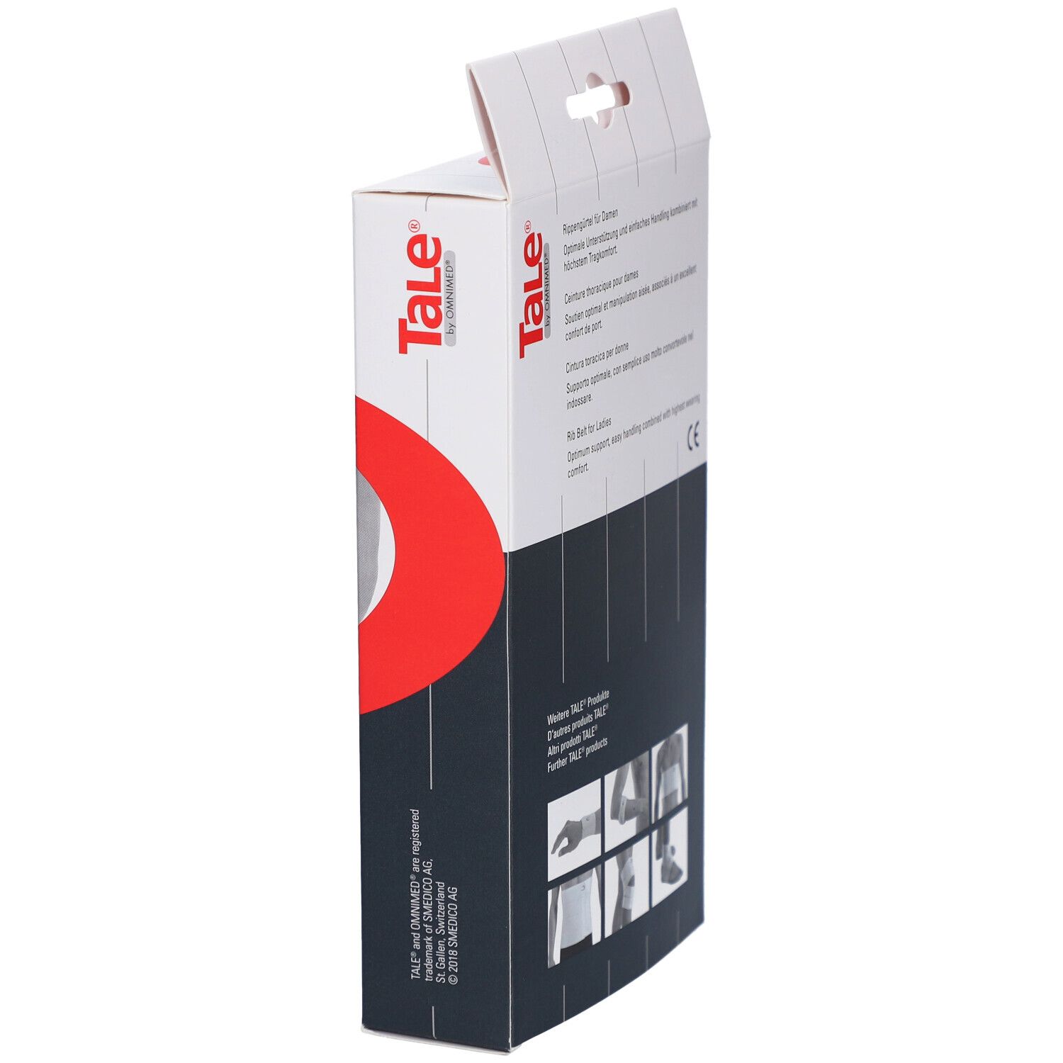 Seitenansicht der Verpackung. Marke Tale. Text: Rippengürtel für Damen. Logo CE. Produktabbildungen.