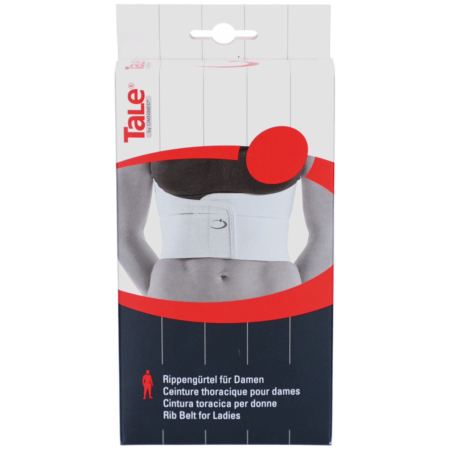 Verpackung, zeigt Rippengürtel für Damen. Marke Tale. Aufdruck: Rib Belt for Ladies. Weiß und rot.