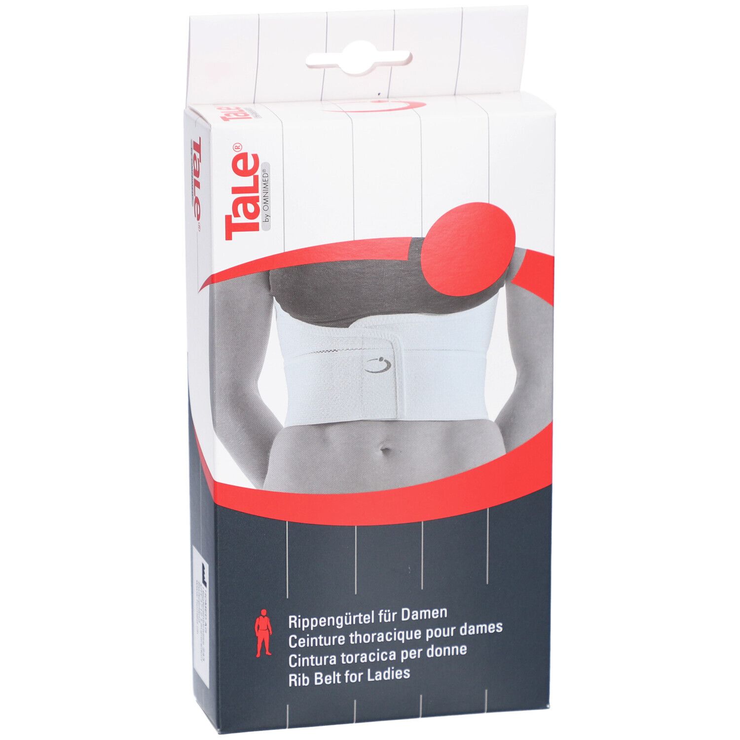 Verpackung, zeigt Rippengürtel für Damen. Marke Tale. Aufdruck: Rib Belt for Ladies. Weiß und rot.
