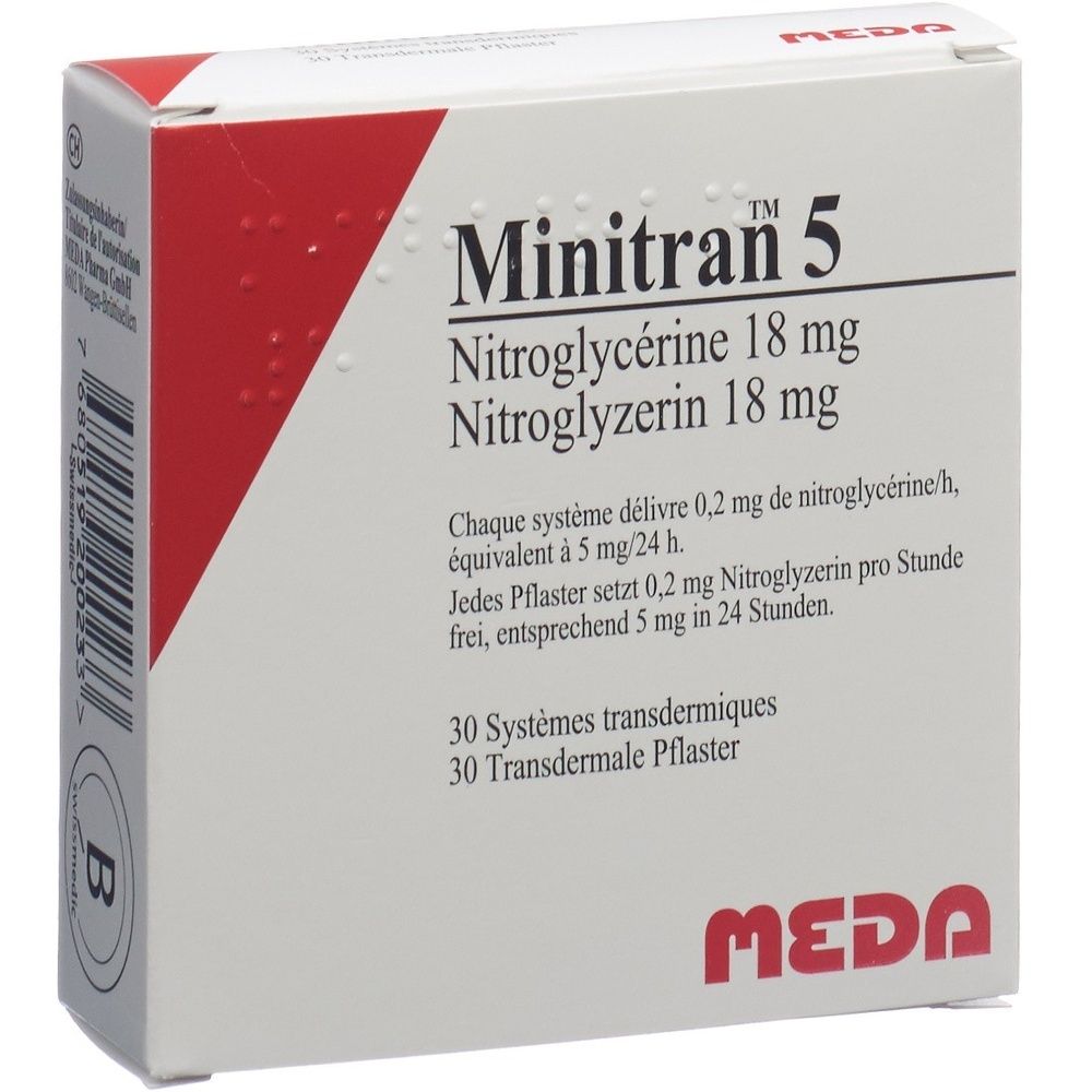 Karton mit roter und weißer Beschriftung. Text: Minitran 5, Nitroglycerin 5 mg/24h. Marke: MEDA.
