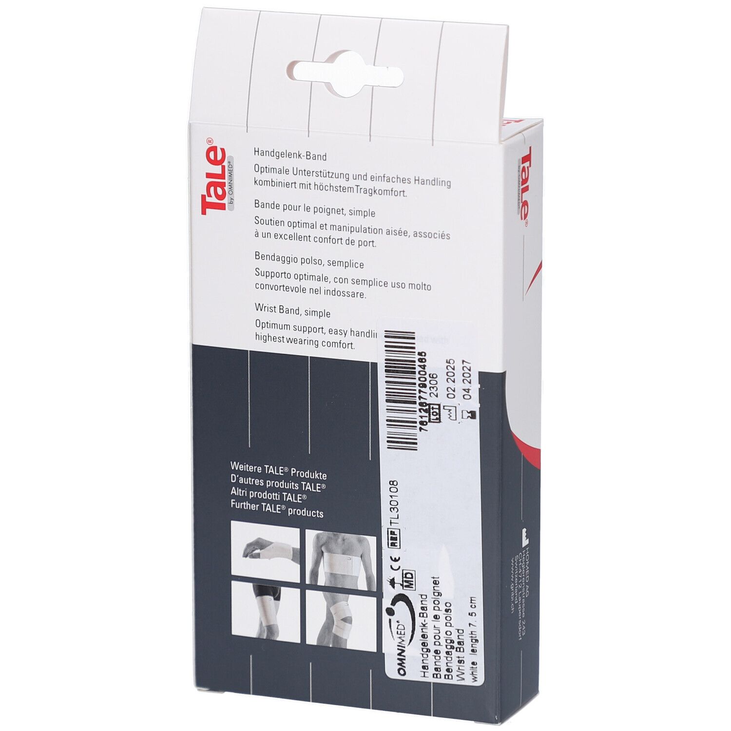 Dos de la boîte Tale. Texte: Handgelenk-Band, Wrist Band, simple. Informations sur la marque et marquage CE.