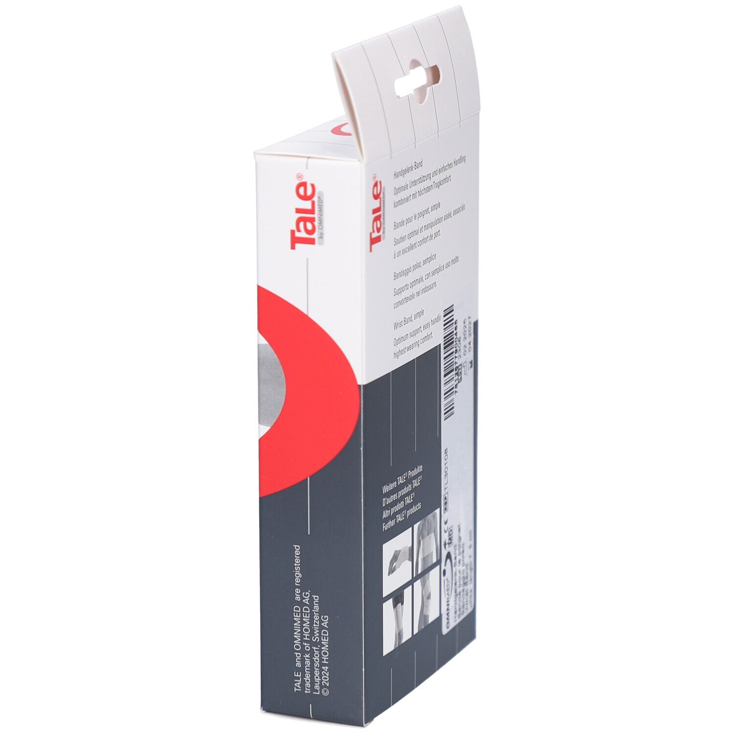 Vue latérale de la boîte Tale. Texte: Handgelenk-Band, Bande pour le poignet, simple. Illustrations d'utilisation.