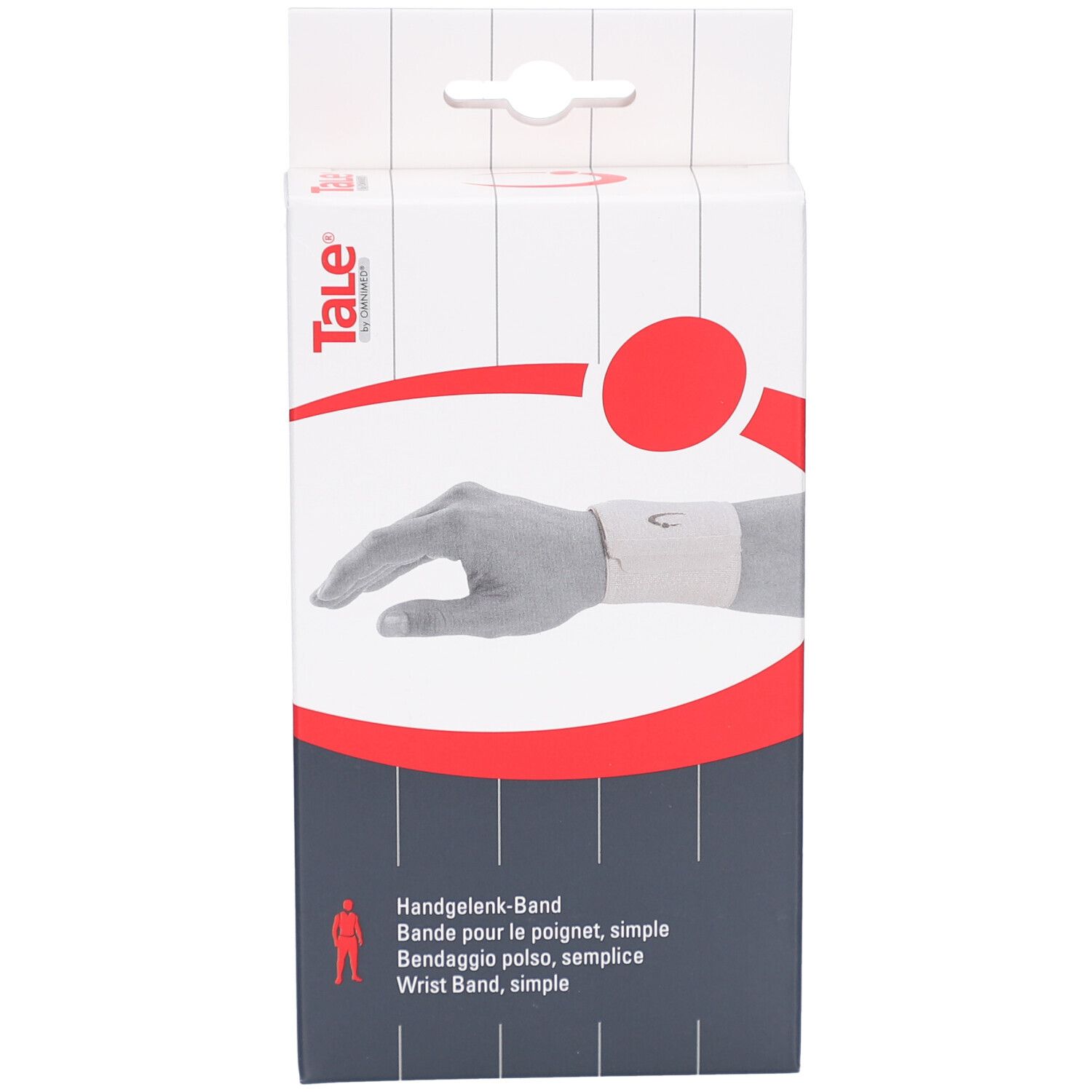 Boîte de Tale Bande pour le poignet simple. Image d'un poignet avec bandage. Texte: Handgelenk-Band, Bande pour le poignet, simple, Wrist Band.