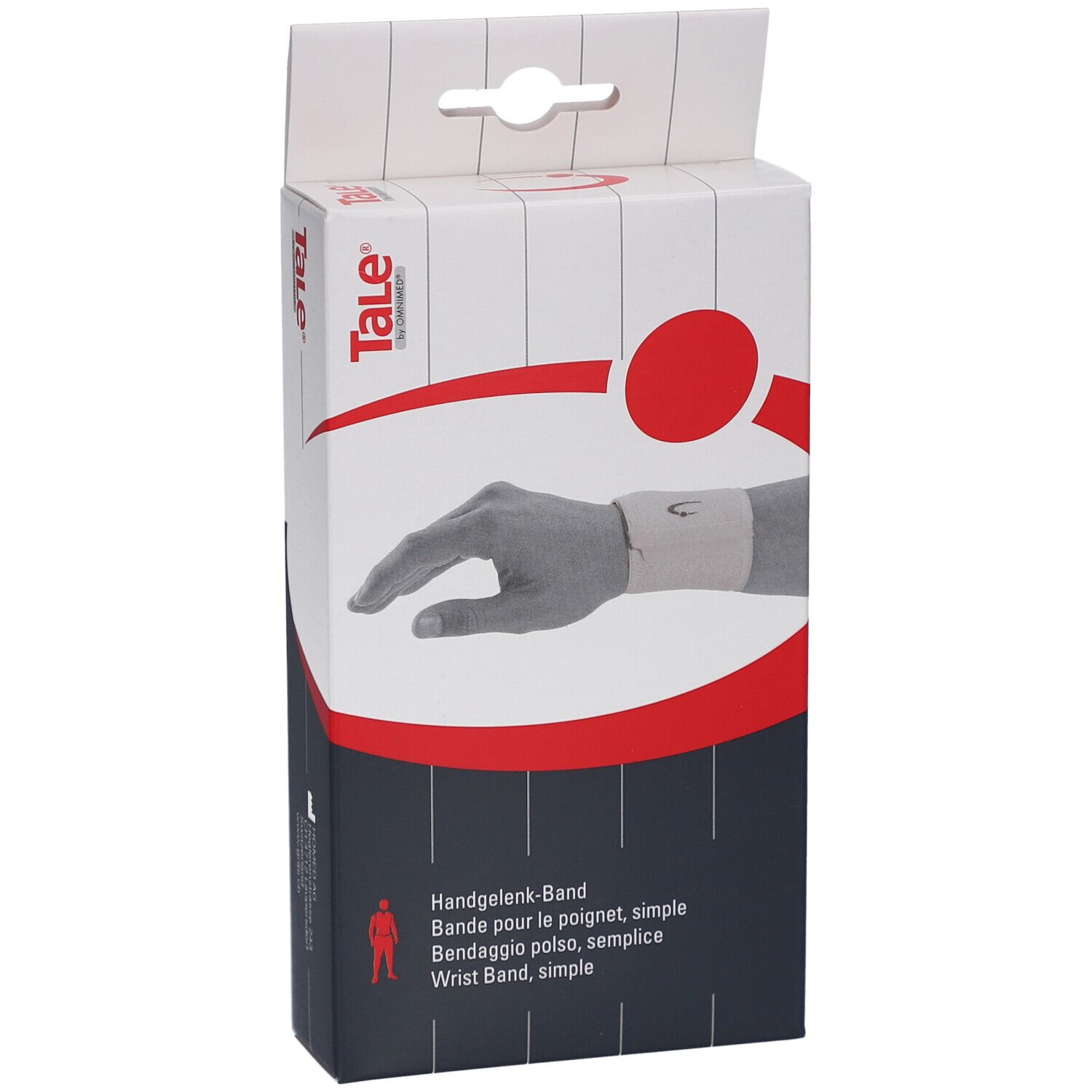 Boîte de Tale Bande pour le poignet simple. Image d'un poignet avec bandage. Texte: Handgelenk-Band, Bande pour le poignet, simple, Wrist Band.