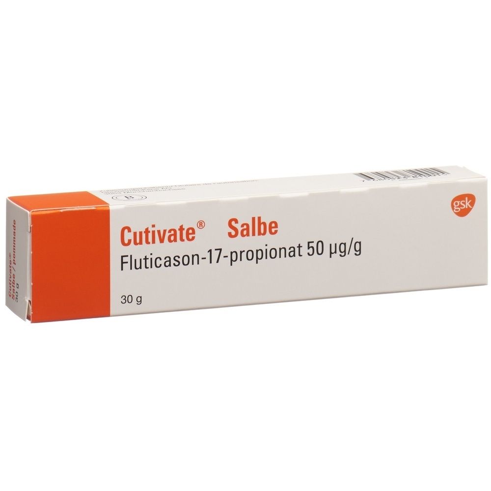 Emballage de Cutivate Salbe. Boîte blanche avec accent orange. Inscription: Cutivate Salbe, Fluticason-17-propionat 50 µg/g, 30 g.