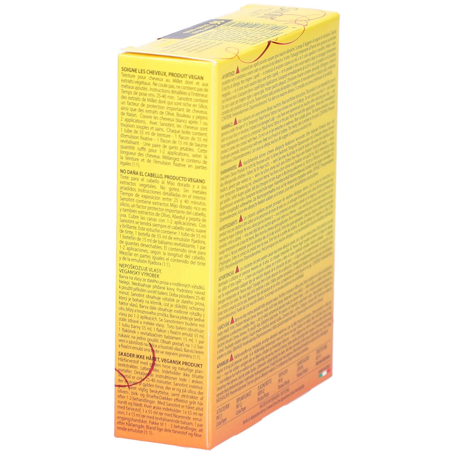Côté de la boîte jaune SANOTINT. Contient des informations et des instructions. Produit vegan.
