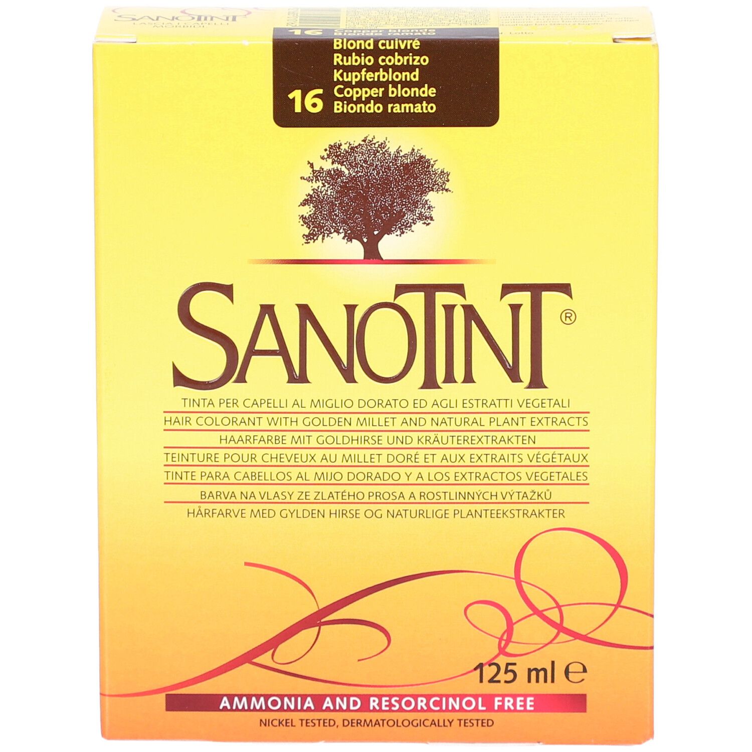 Boîte jaune SANOTINT, couleur blond cuivré 16. 125 ml. Sans ammoniaque et résorcinol.
