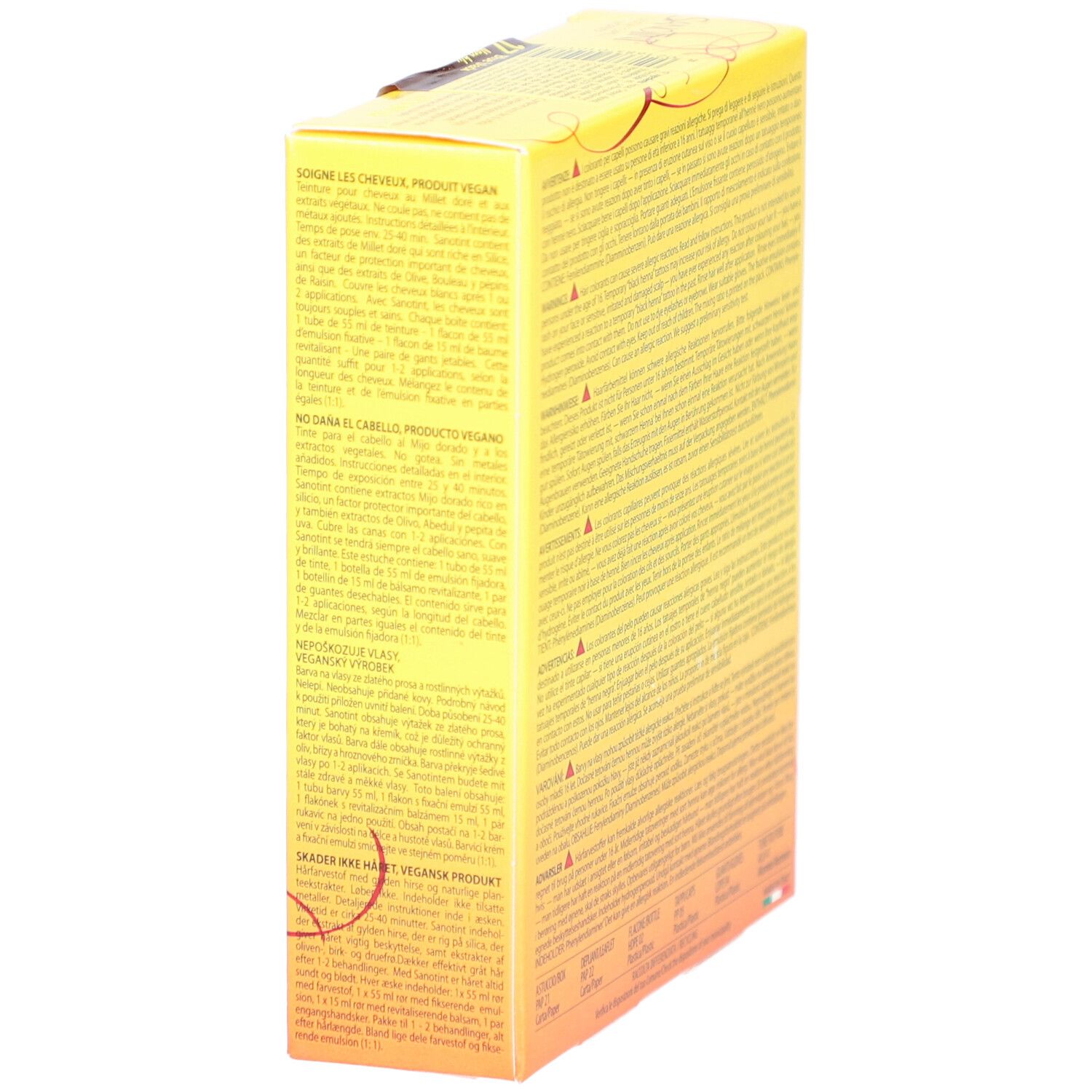 Boîte jaune avec texte multilingue. Informations sur le produit. Vue latérale.