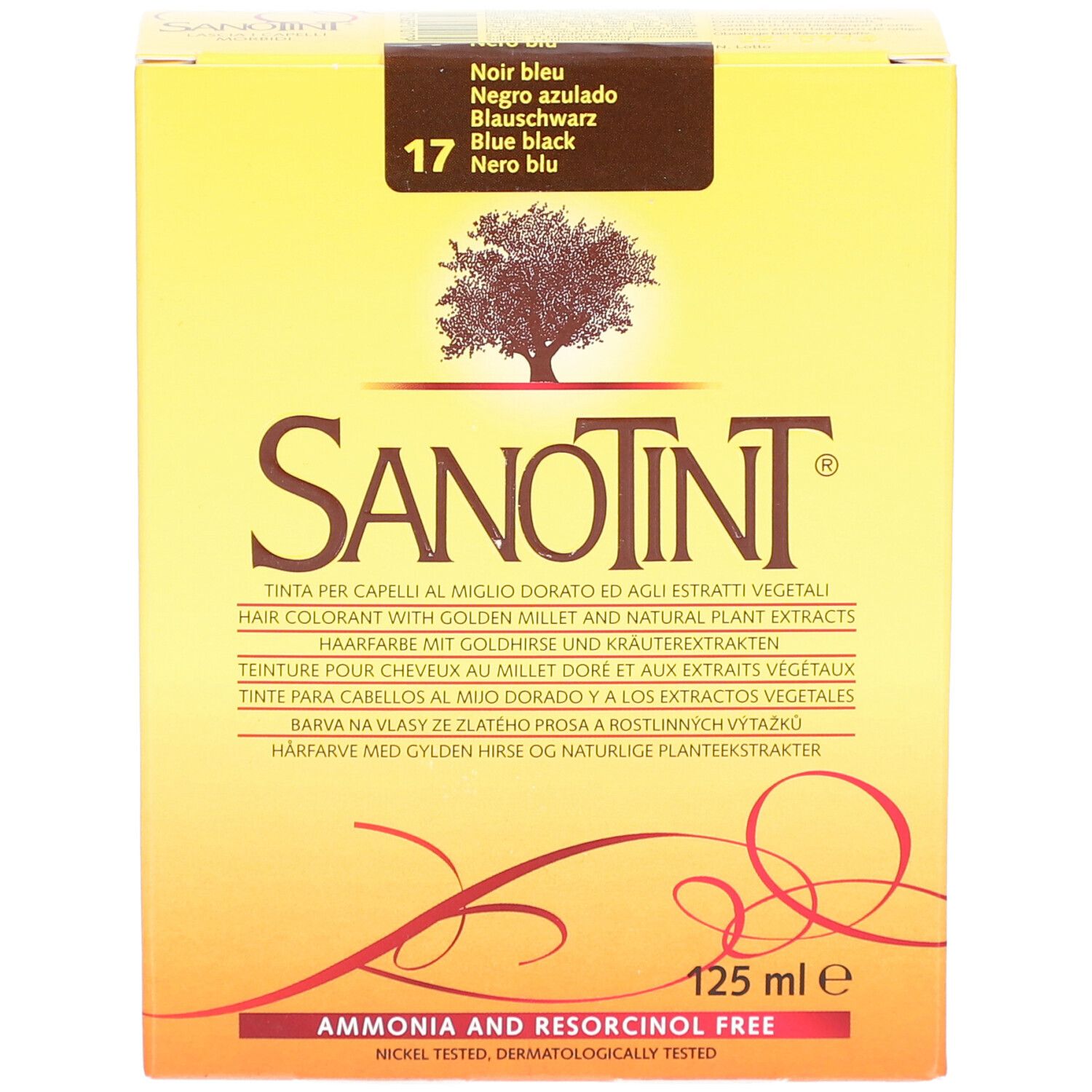 Boîte jaune avec logo SANOTINT et texte. Numéro de couleur 17. Inscription: 125 ml e.