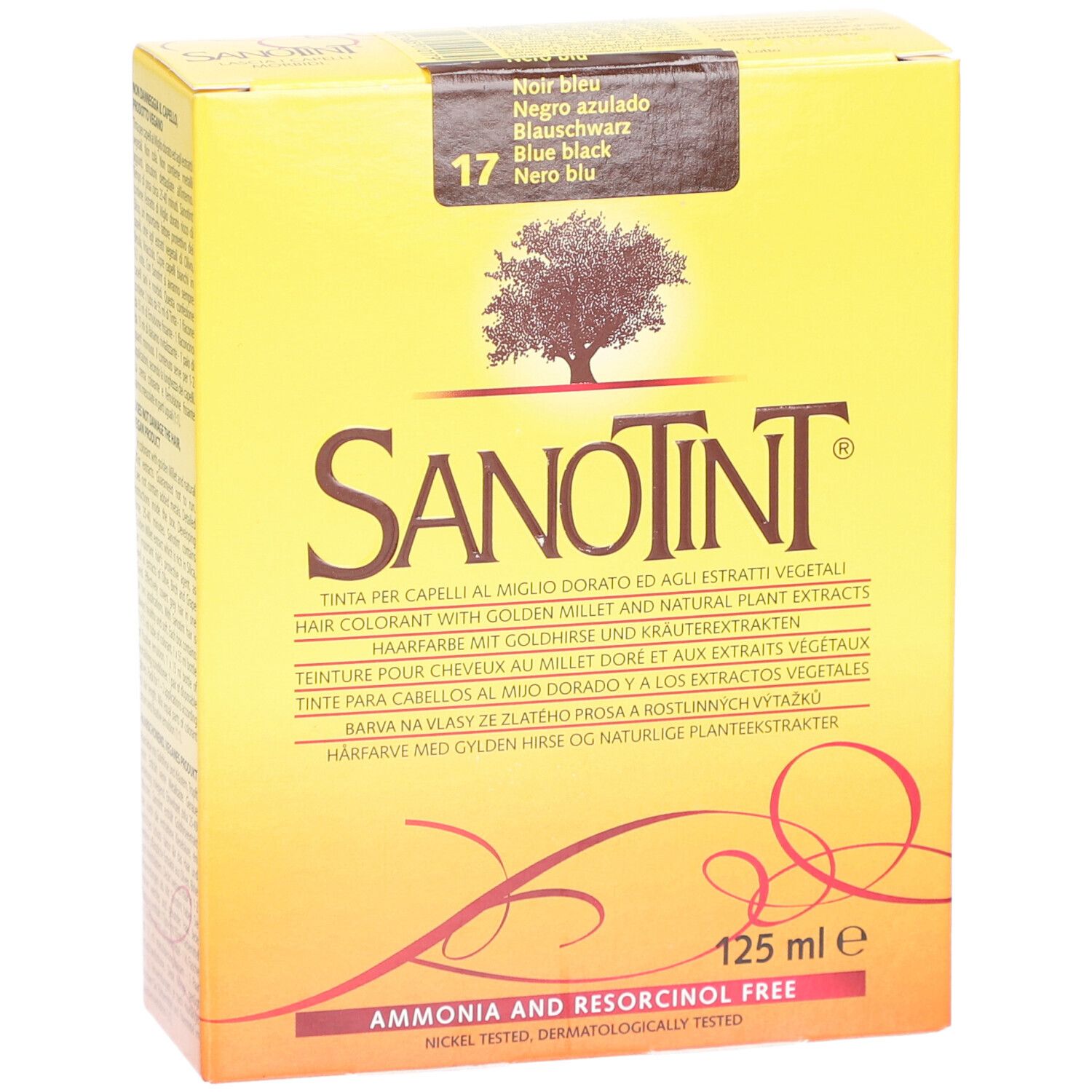 Boîte jaune avec logo SANOTINT et texte. Numéro de couleur 17. Inscription: 125 ml e.