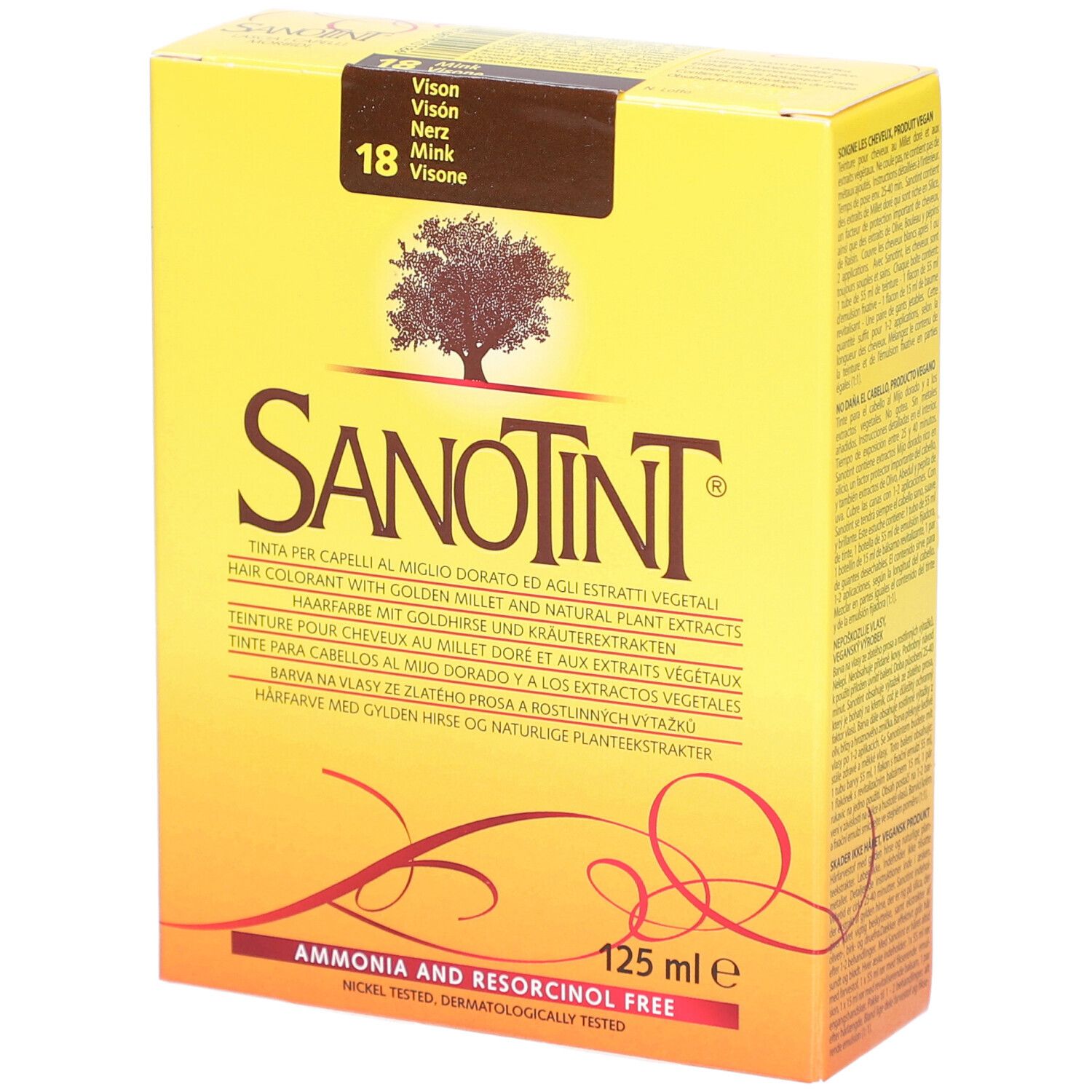 Boîte jaune SANOTINT, 125 ml, couleur 18 Nerz. Inscription : Sans ammoniaque et résorcinol. Contient des extraits végétaux.
