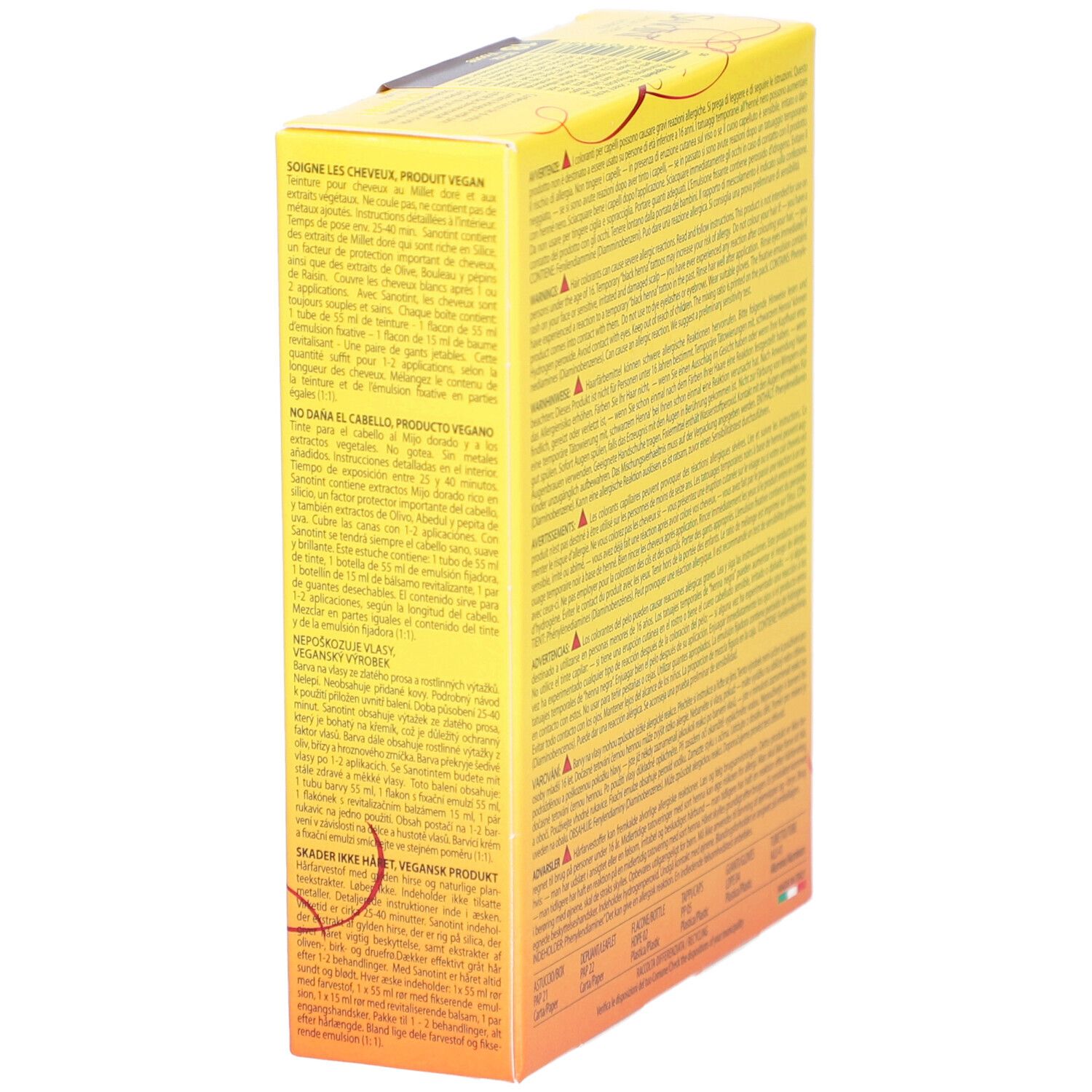 Boîte jaune avec texte multilingue. Instructions et ingrédients. Produit végétalien.