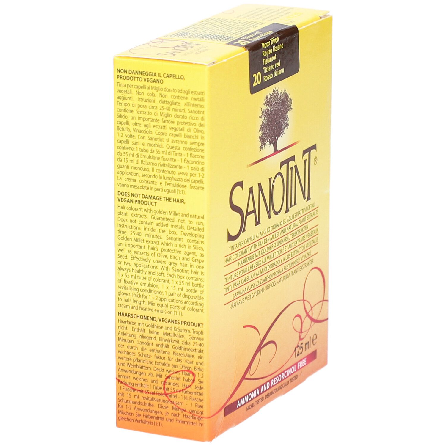 Boîte jaune, vue latérale. Nom du produit et numéro de couleur. Texte multilingue. "Vegan Product".