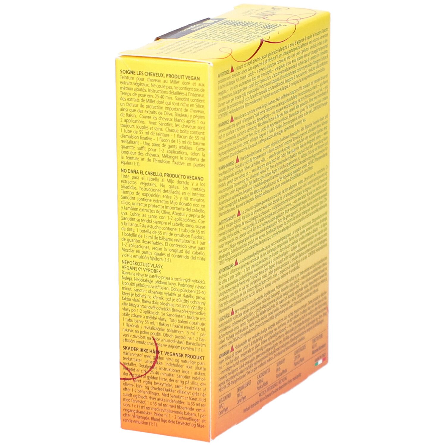 Boîte jaune, vue latérale. Texte multilingue. "Vegan Product".