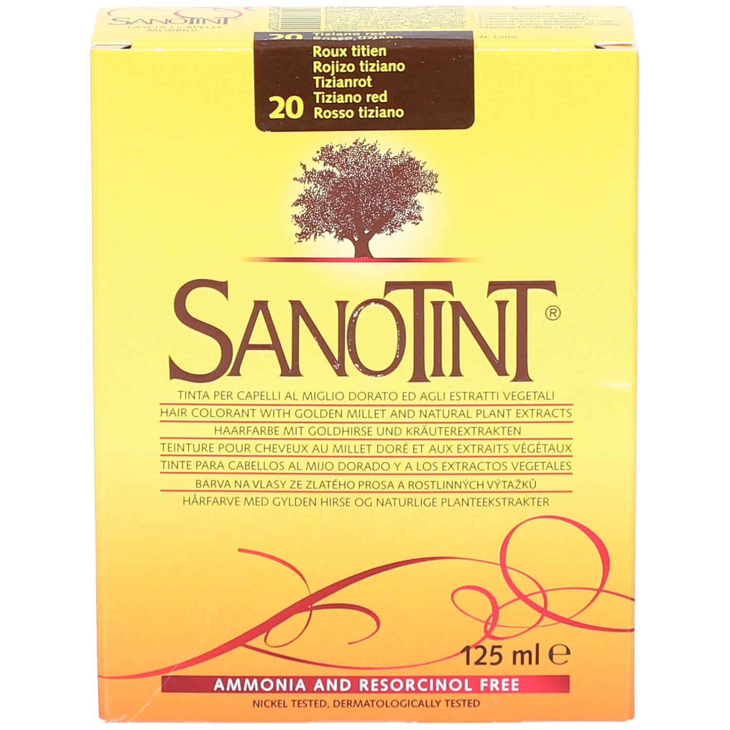 Boîte jaune avec nom de produit et numéro de couleur. Texte multilingue. "Ammonia and Resorcinol Free".