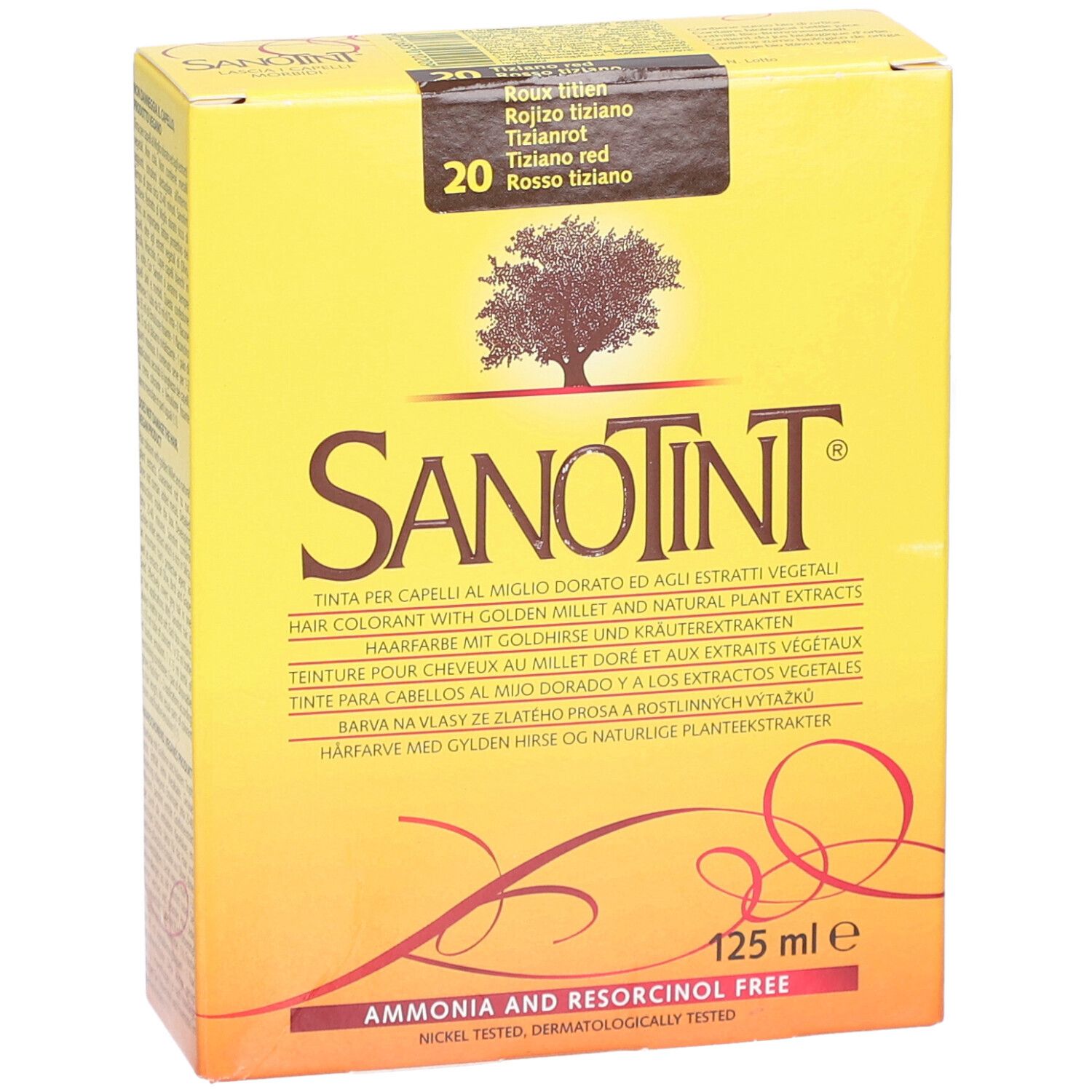 Boîte jaune avec nom de produit et numéro de couleur. Texte multilingue. "Ammonia and Resorcinol Free".