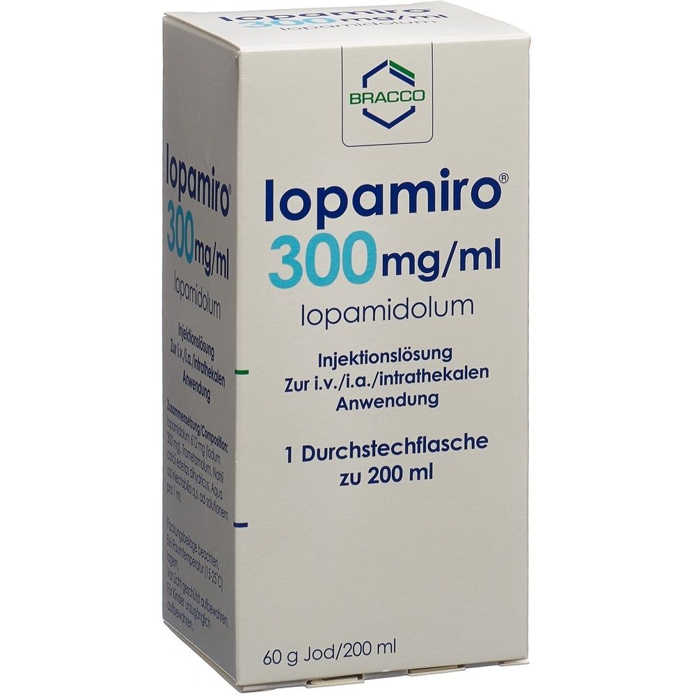 Kartonverpackung mit Produktinformationen. Aufschrift: Iopamiro 300 mg/ml. Bayer-Logo.
