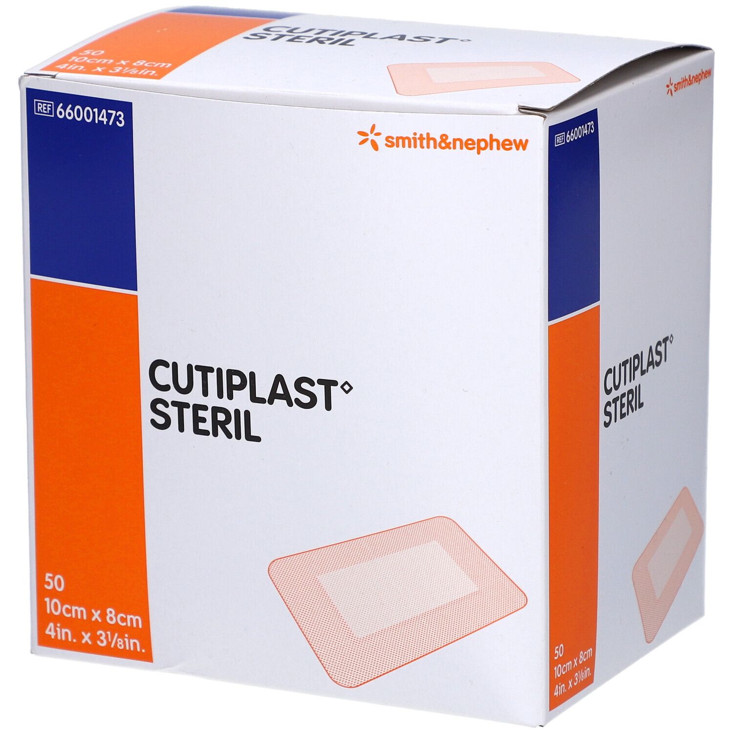 Verpackung von Cutiplast Steril. Marke Smith & Nephew. 50 Stück, 10cm x 8cm. Gezeigt ist ein Pflaster.