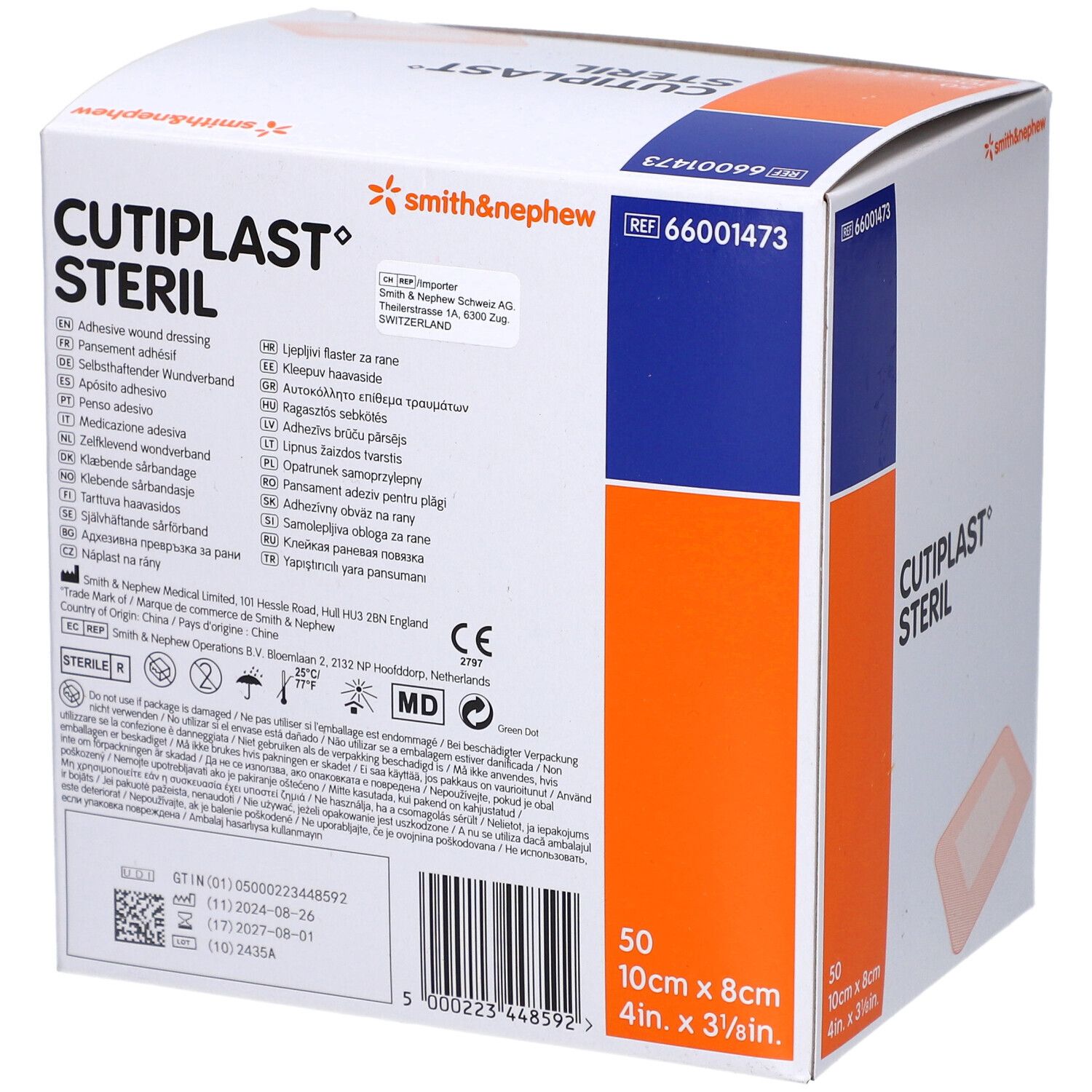 Cutiplast Steril Verpackung. Marke Smith & Nephew. 50 Stück, 10cm x 8cm. Text und Produktinformationen.