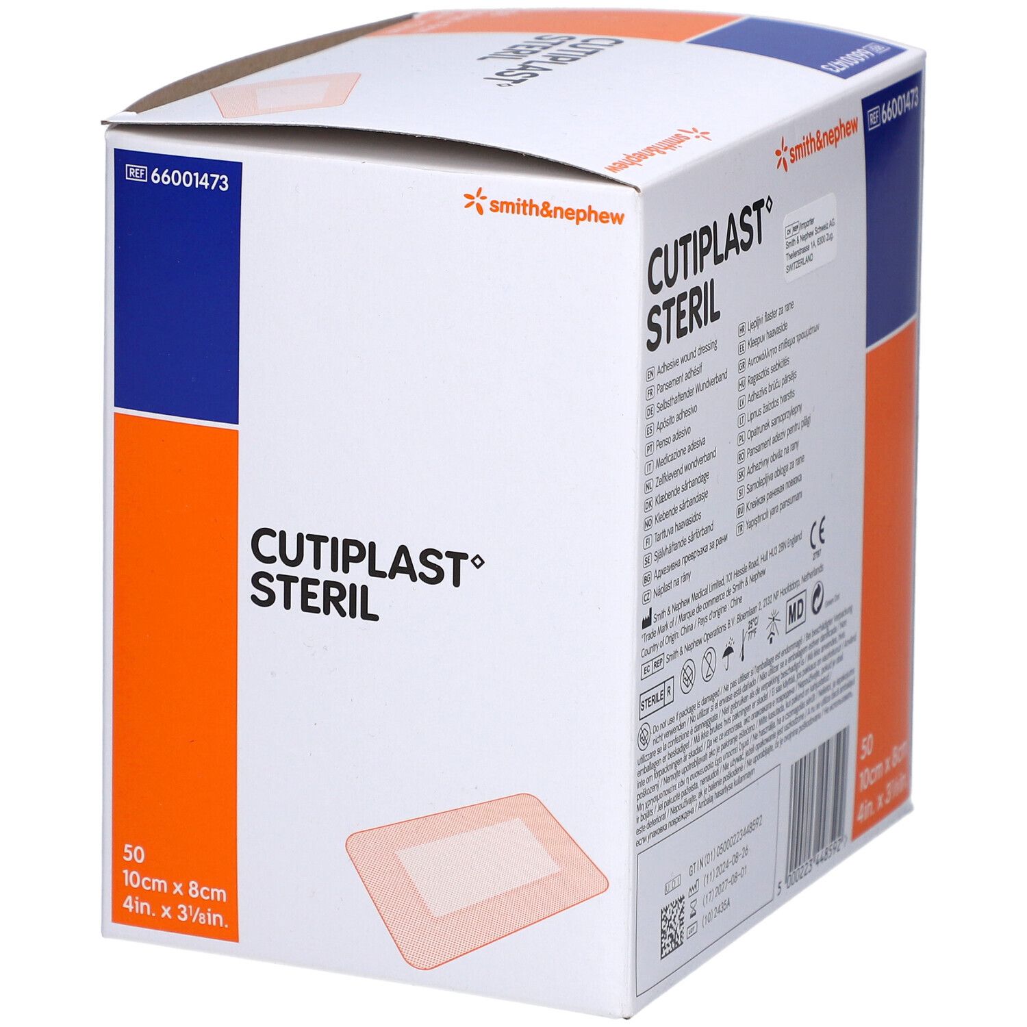 Cutiplast Steril Verpackung. Marke Smith & Nephew. 50 Stück, 10cm x 8cm. Text und Produktinformationen.