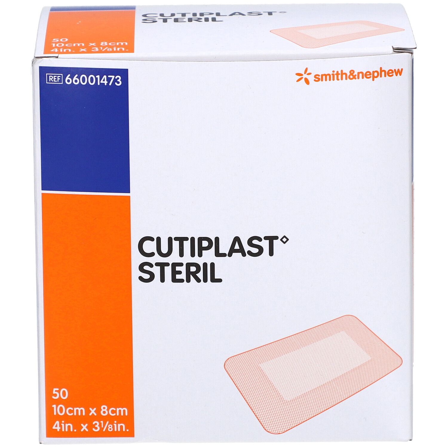 Verpackung von Cutiplast Steril. Marke Smith & Nephew. 50 Stück, 10cm x 8cm. Gezeigt ist ein Pflaster.