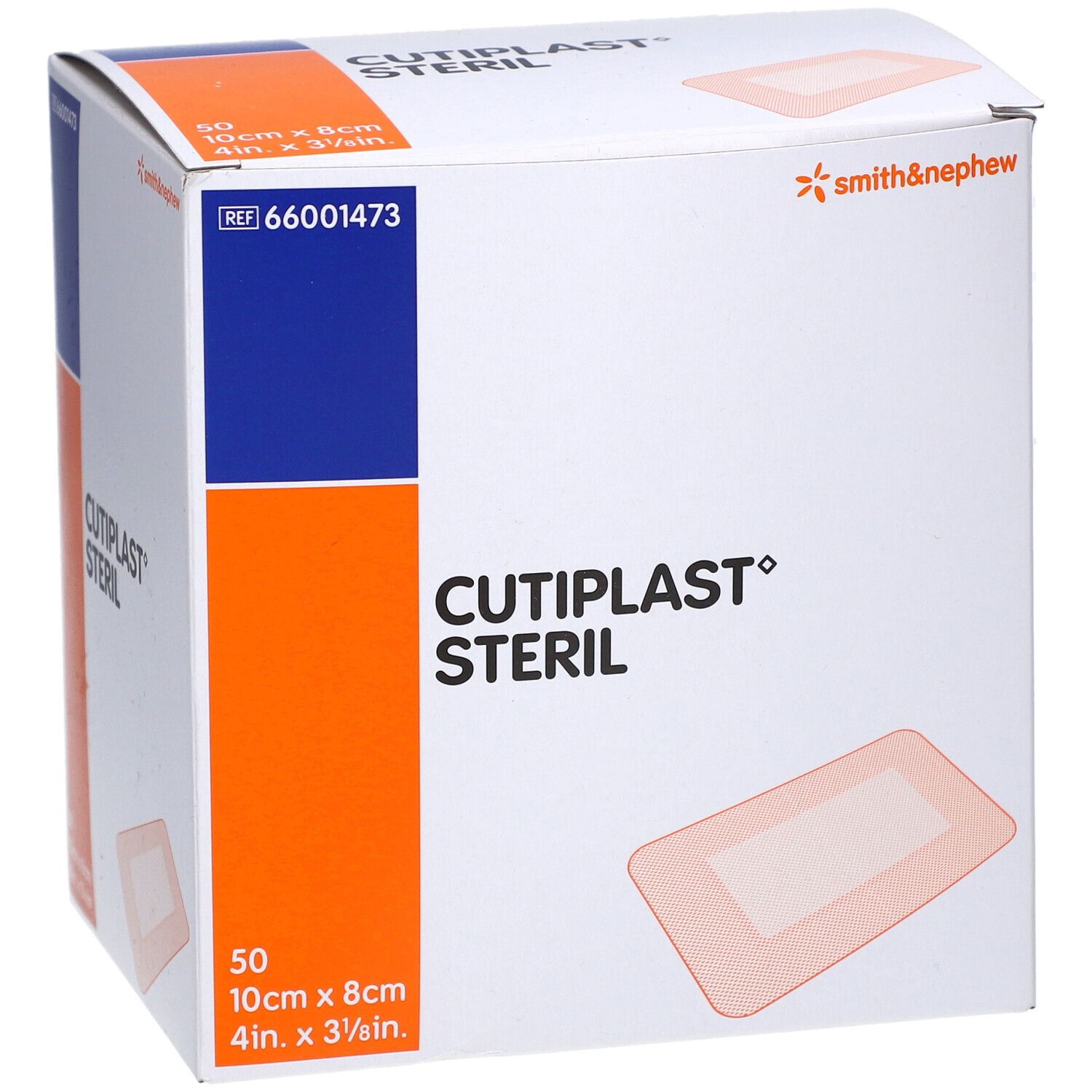 Verpackung von Cutiplast Steril. Marke Smith & Nephew. 50 Stück, 10cm x 8cm. Gezeigt ist ein Pflaster.