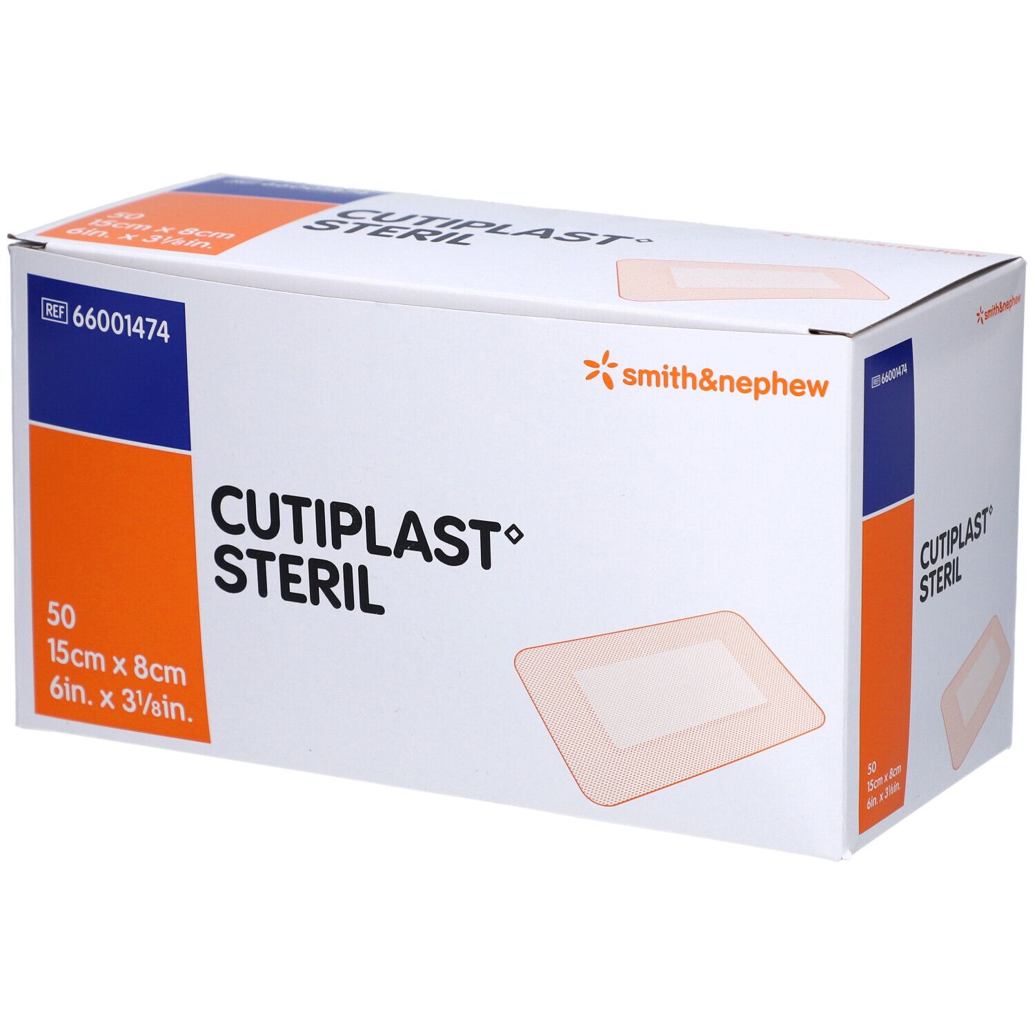 Verpackung von Smith & Nephew Cutiplast Steril. Box mit 50 Pflastern, 15x8cm. Aufdruck: Cutiplast Steril, Smith & Nephew Logo.